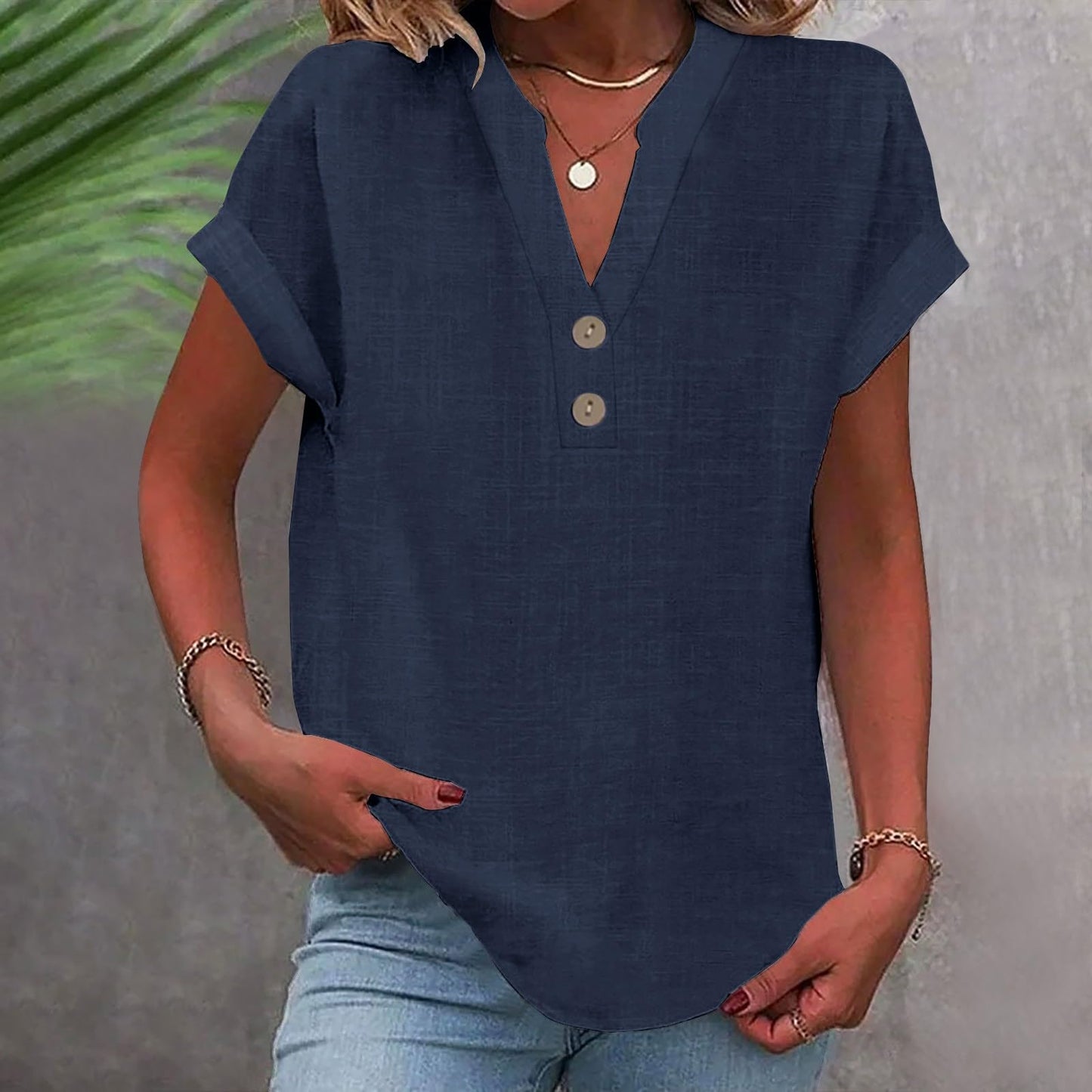 Big Spring Deals Summer Tops for Women 2025 Trendy Short Sleeve Cotton Linen Shirt Casual Button v Neck Tunic Blouses Outfits White Travel Shirts for Women M