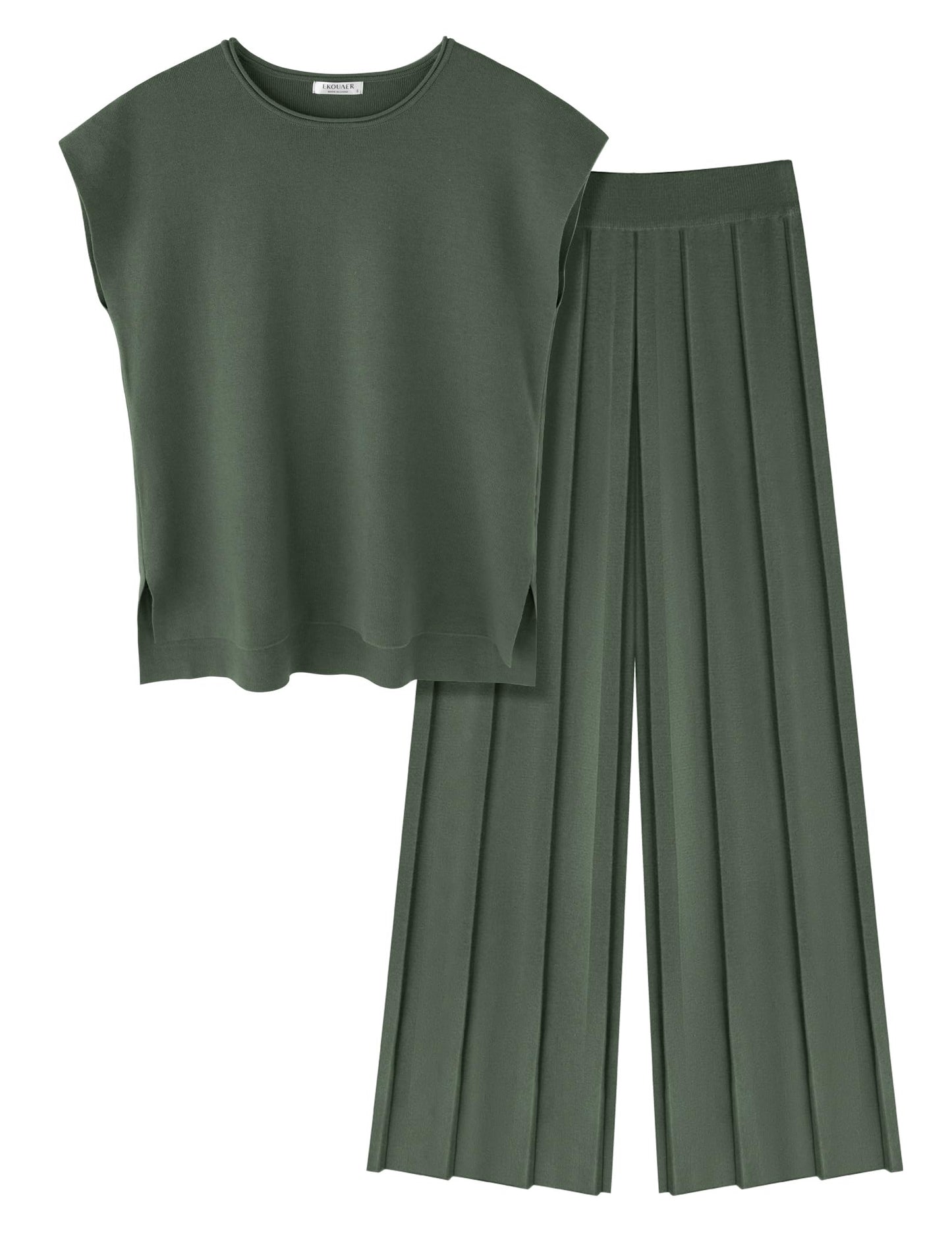 Ekouaer Lounge Sets for Women Two Piece Outfits Knit Cap Sleeve Tops Wide Leg Pleated Pants Casual Dressy Sweater Sets Beige