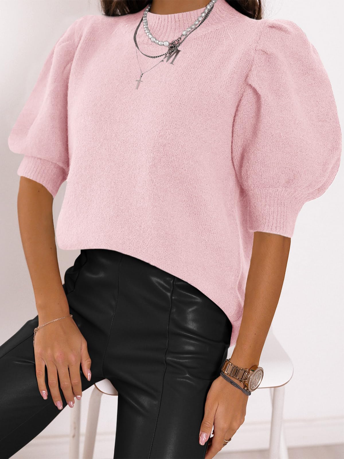 Women's Puff Short Sleeve Sweater Tops 2025 Spring Summer Trendy Crew Neck Casual T Shirts Blouses Beige
