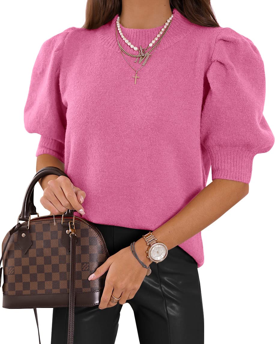 Women's Puff Short Sleeve Sweater Tops 2025 Spring Summer Trendy Crew Neck Casual T Shirts Blouses Beige