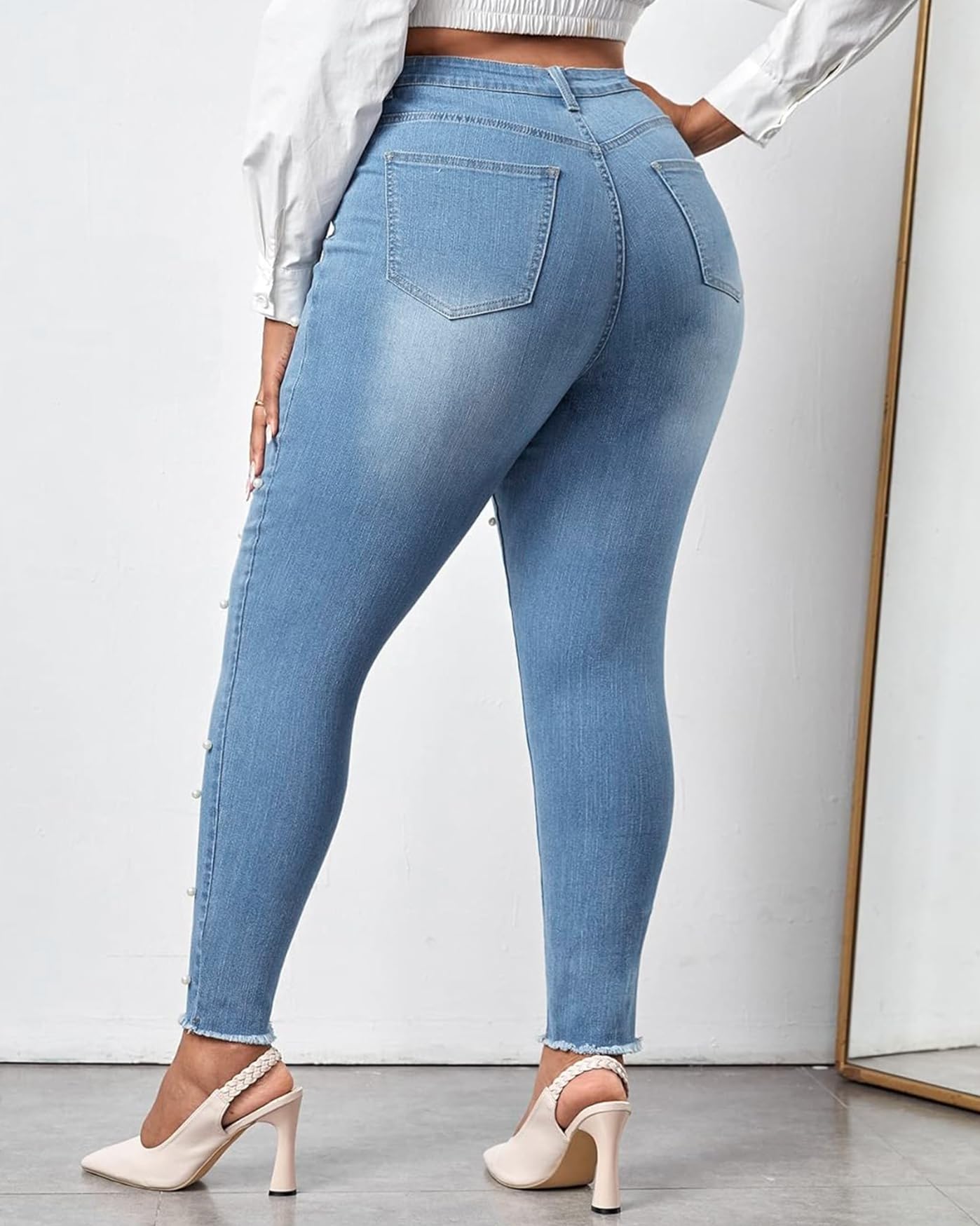 Cyparel Women's Rhinestone Jeans High Waist Pearls Beaded Fringe Tassels Frayed Butt Lifting Stretch Skinny Denim Pants Light Blue