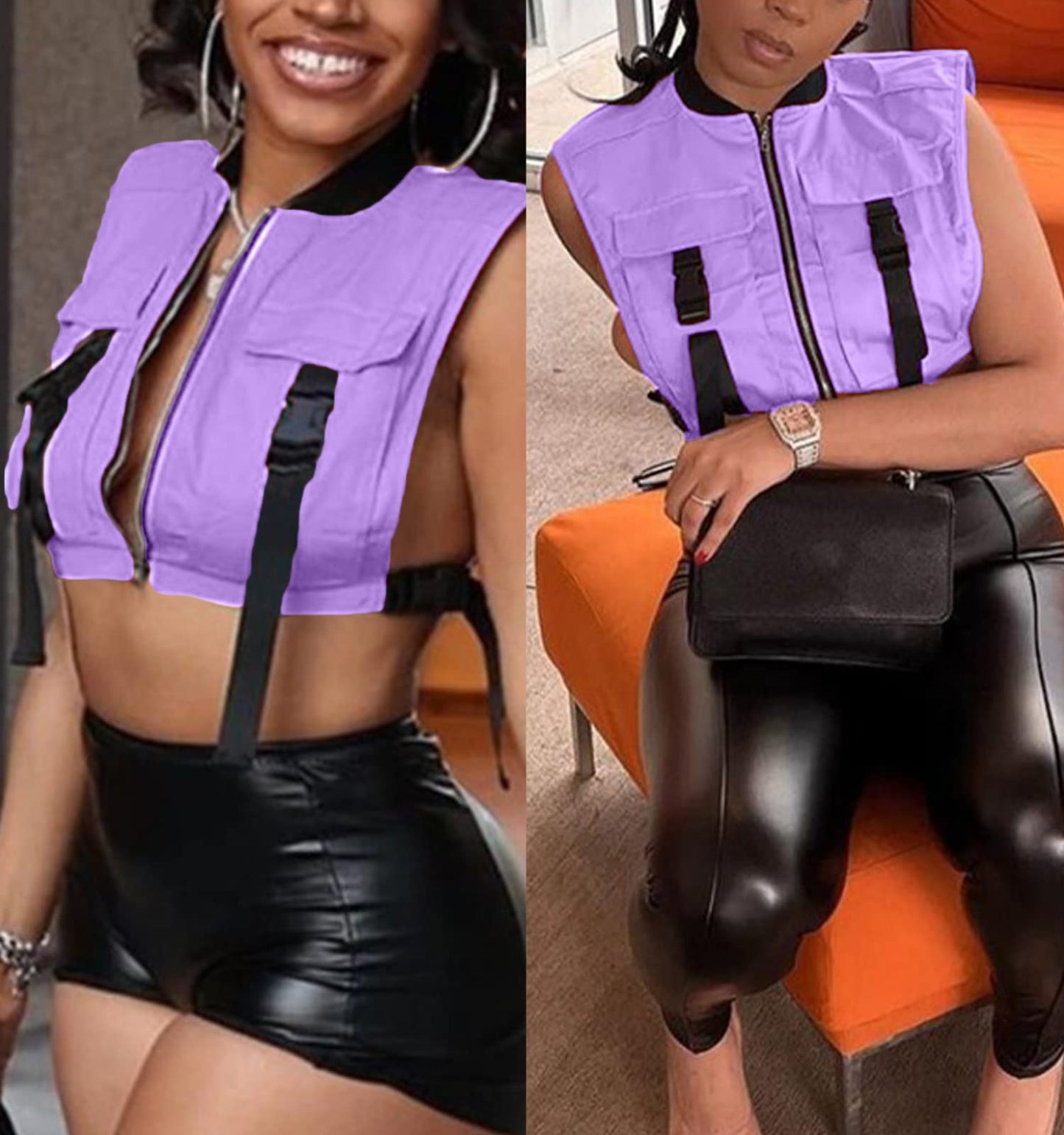 Bnigung Women's Sexy Crop Cargo Vest Sleeveless Buckle Zip Up Vest Jacket Tops Steampunk Streetwear with Pockets(Khaki,XL)