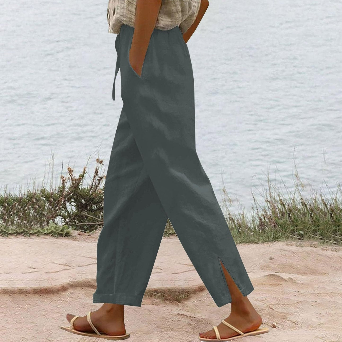 Womens Summer Pants Lightweight Casual Cotton Linen Pants for Women 2025 Summer Gauze Drawstring High Waisted Wide Leg Trousers Beach Vacation Clothes White XL