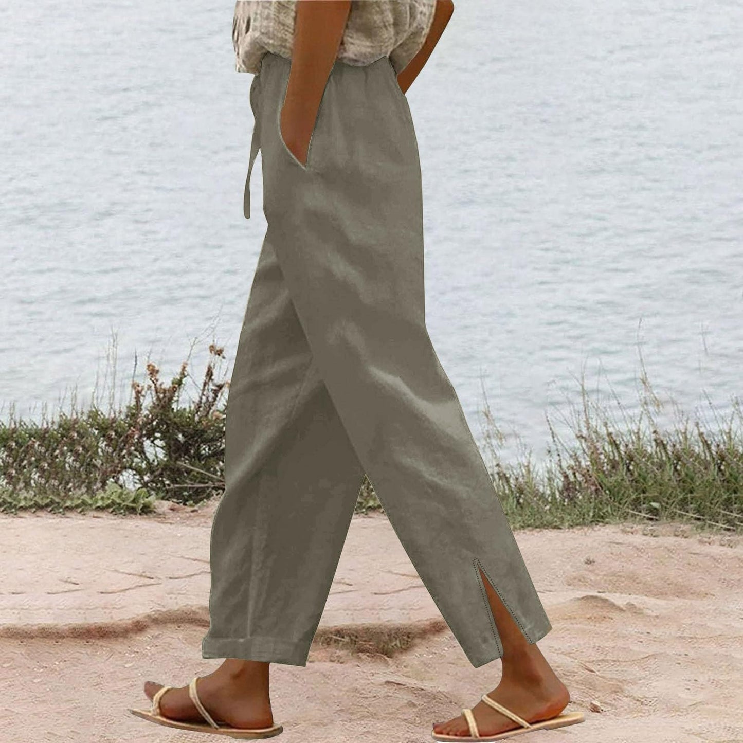 Womens Summer Pants Lightweight Casual Cotton Linen Pants for Women 2025 Summer Gauze Drawstring High Waisted Wide Leg Trousers Beach Vacation Clothes White XL