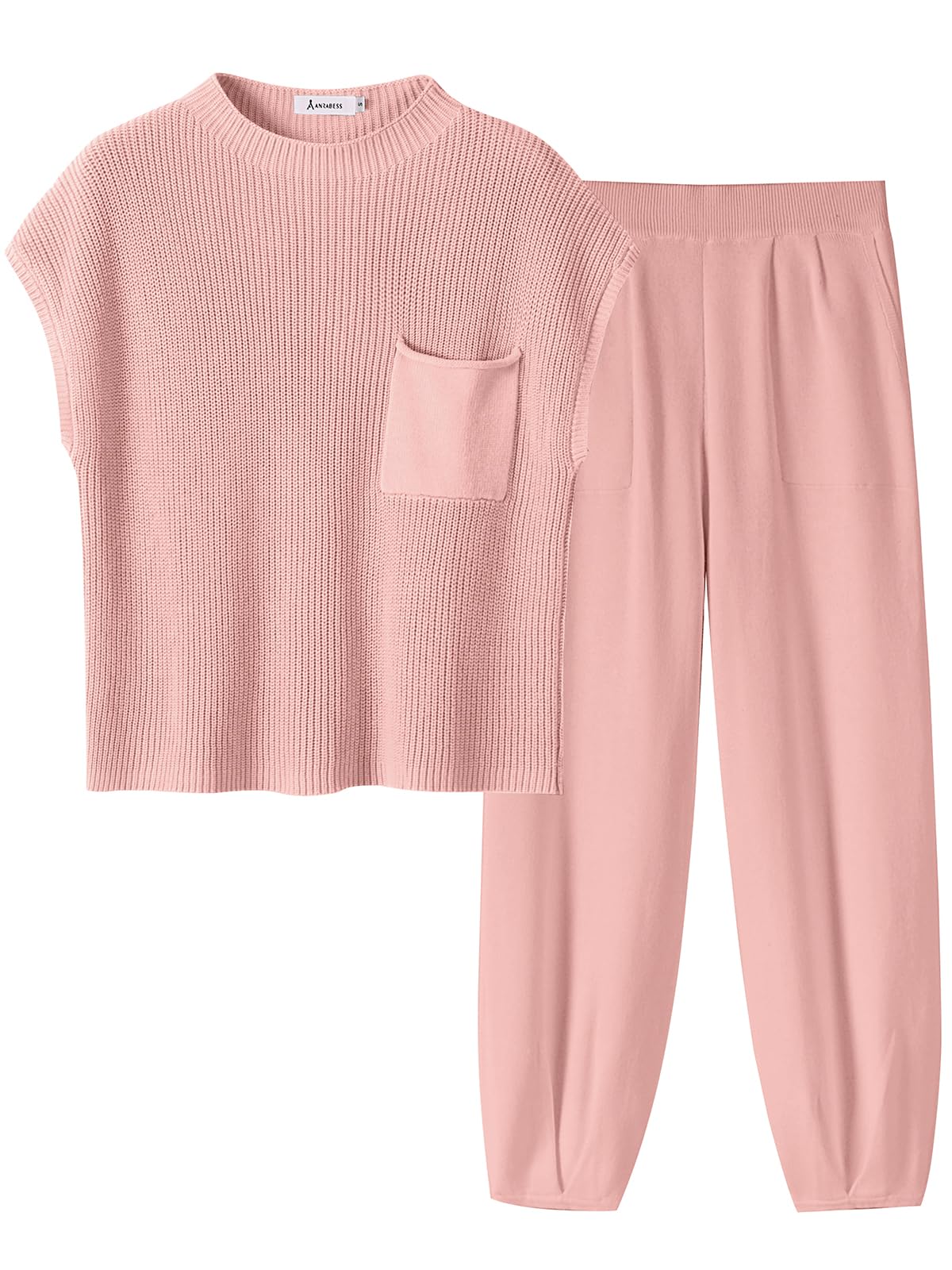 ANRABESS Women's Two Piece Outfits Knit Sweater Vest Crop Top Pants Lounge Matching Tracksuit Sweatsuit Travel Clothes Sets Pink X-Small