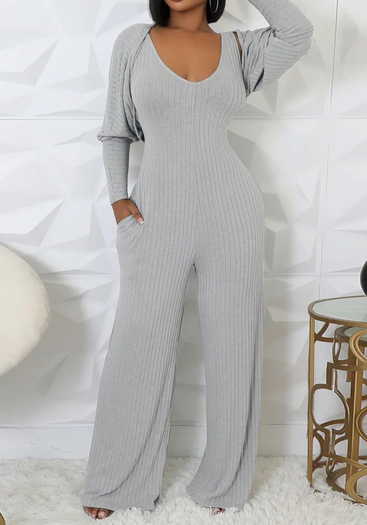 Vakkest Sexy Ribbed Knitted 2 Piece Jumpsuit Outfits for Women Long Sleeve Crop Cardigan Sweater Wide Leg Tank Romper Set