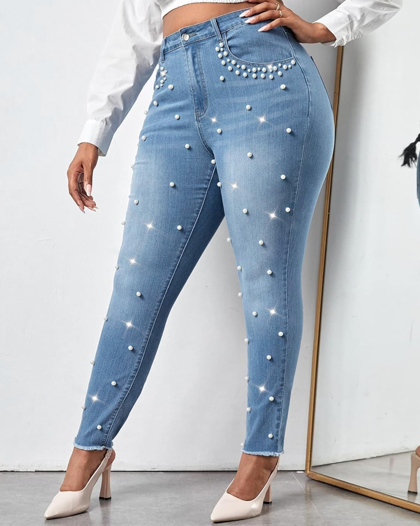 Cyparel Women's Rhinestone Jeans High Waist Pearls Beaded Fringe Tassels Frayed Butt Lifting Stretch Skinny Denim Pants Light Blue