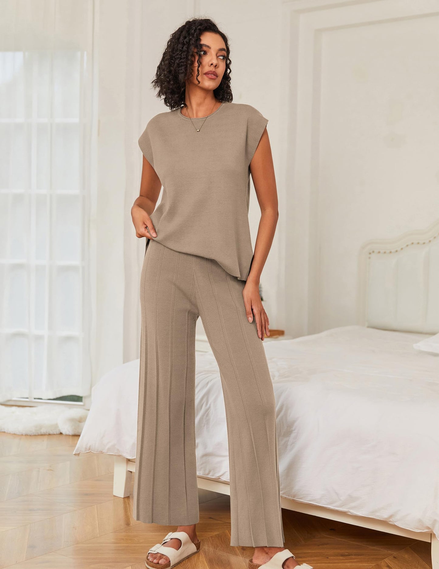 Ekouaer Lounge Sets for Women Two Piece Outfits Knit Cap Sleeve Tops Wide Leg Pleated Pants Casual Dressy Sweater Sets Beige