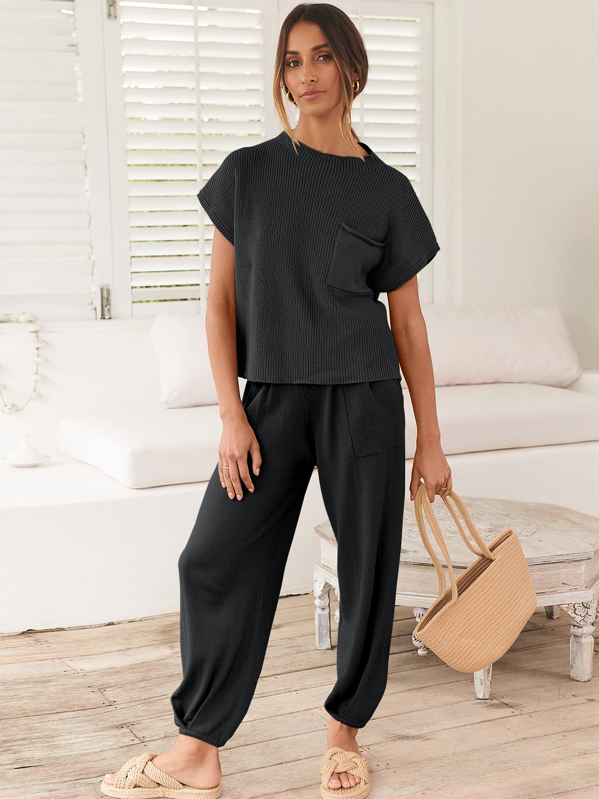 ANRABESS Women's Two Piece Outfits Knit Sweater Vest Crop Top Pants Lounge Matching Tracksuit Sweatsuit Travel Clothes Sets Pink X-Small