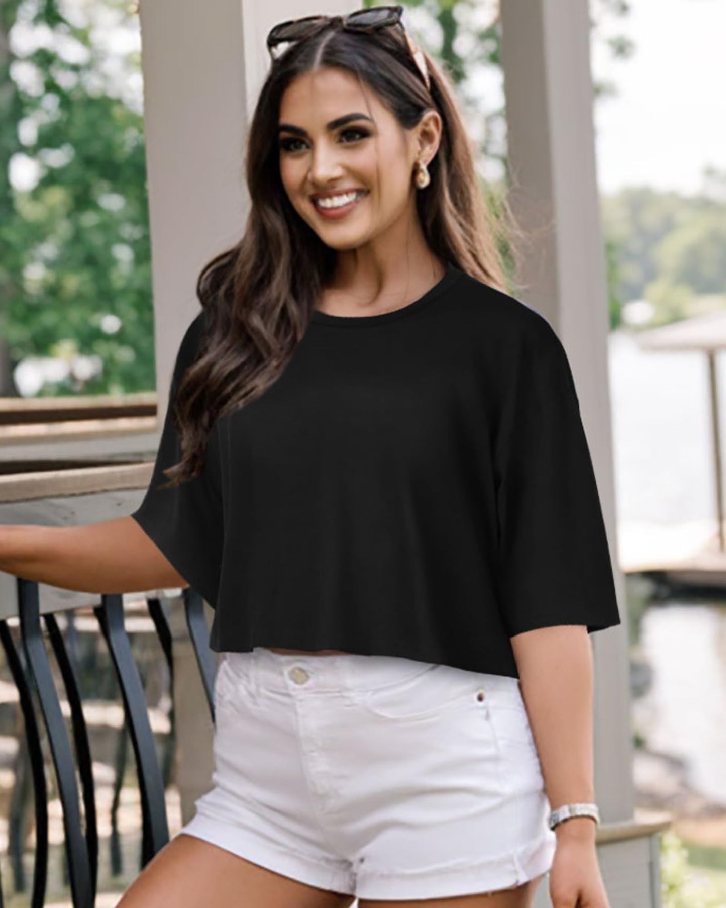 Summer Crop Tops for Womens Casual Half Sleeve Top Loose Fit Short Sleeve T Shirts Workout Oversized Tees(Black,M)