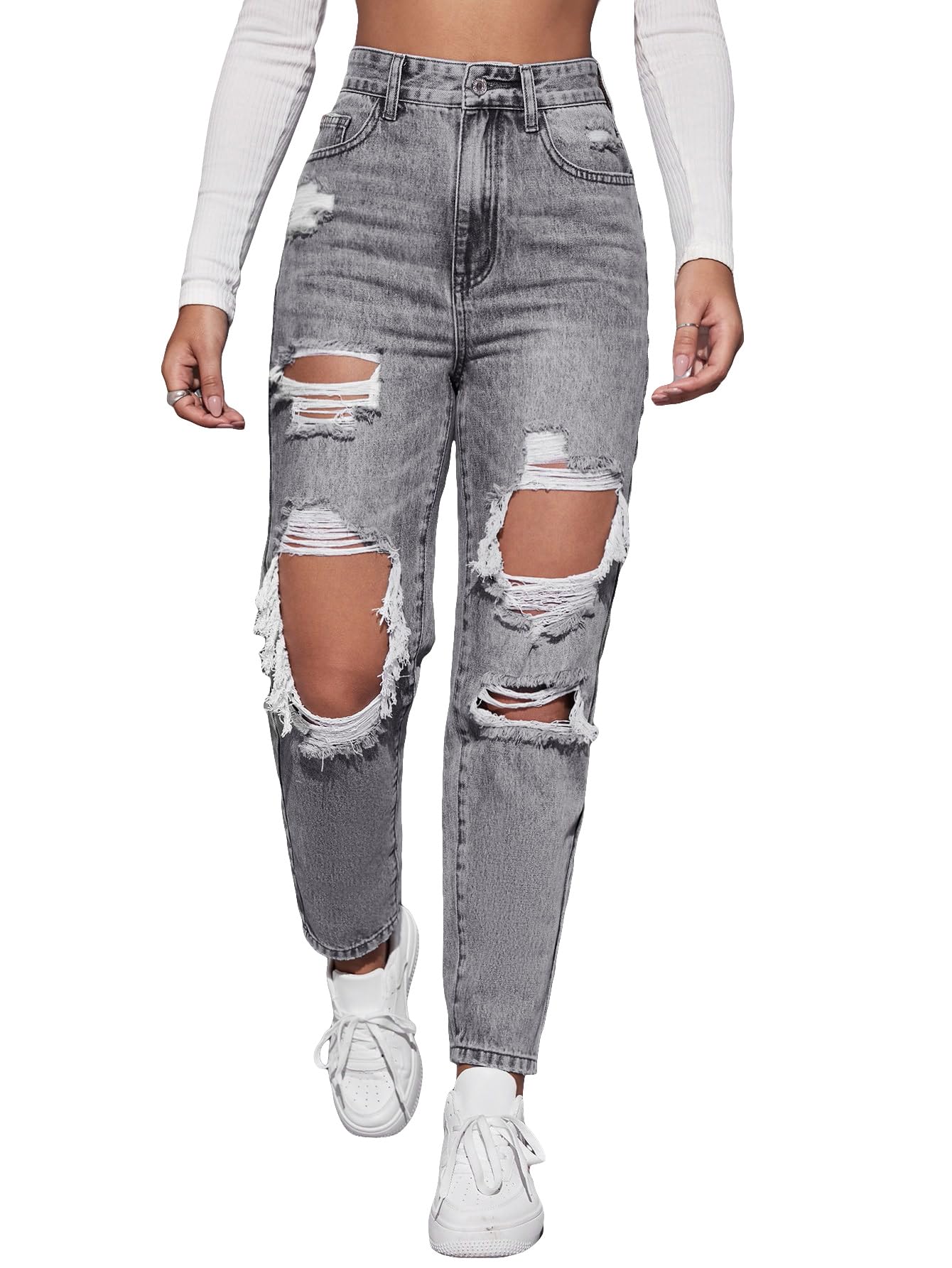 Floerns Women's High Waist Boyfriend Straight Leg Ripped Jeans Distressed Denim Pants Light Blue Large