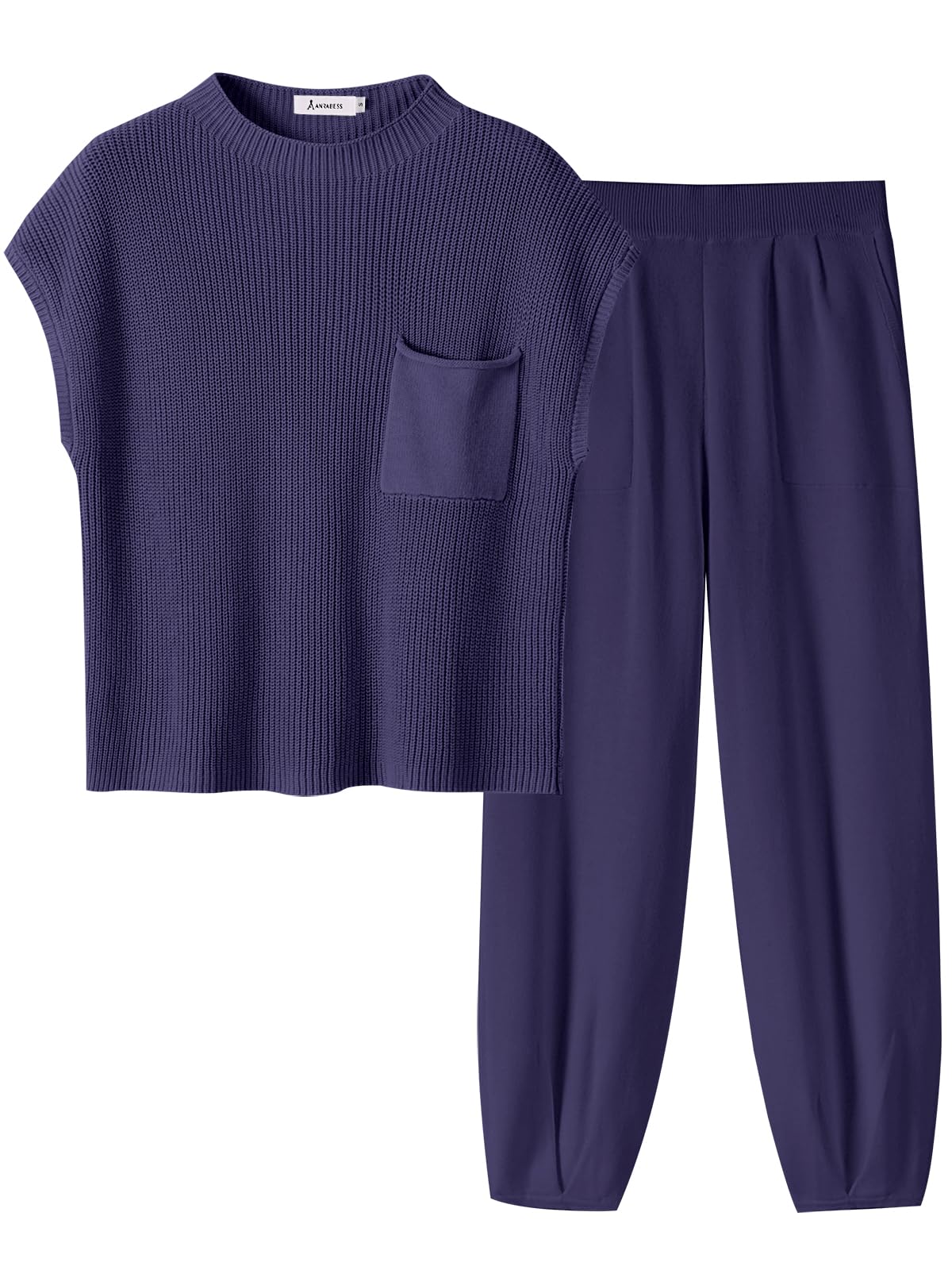 ANRABESS Women's Two Piece Outfits Knit Sweater Vest Crop Top Pants Lounge Matching Tracksuit Sweatsuit Travel Clothes Sets Pink X-Small