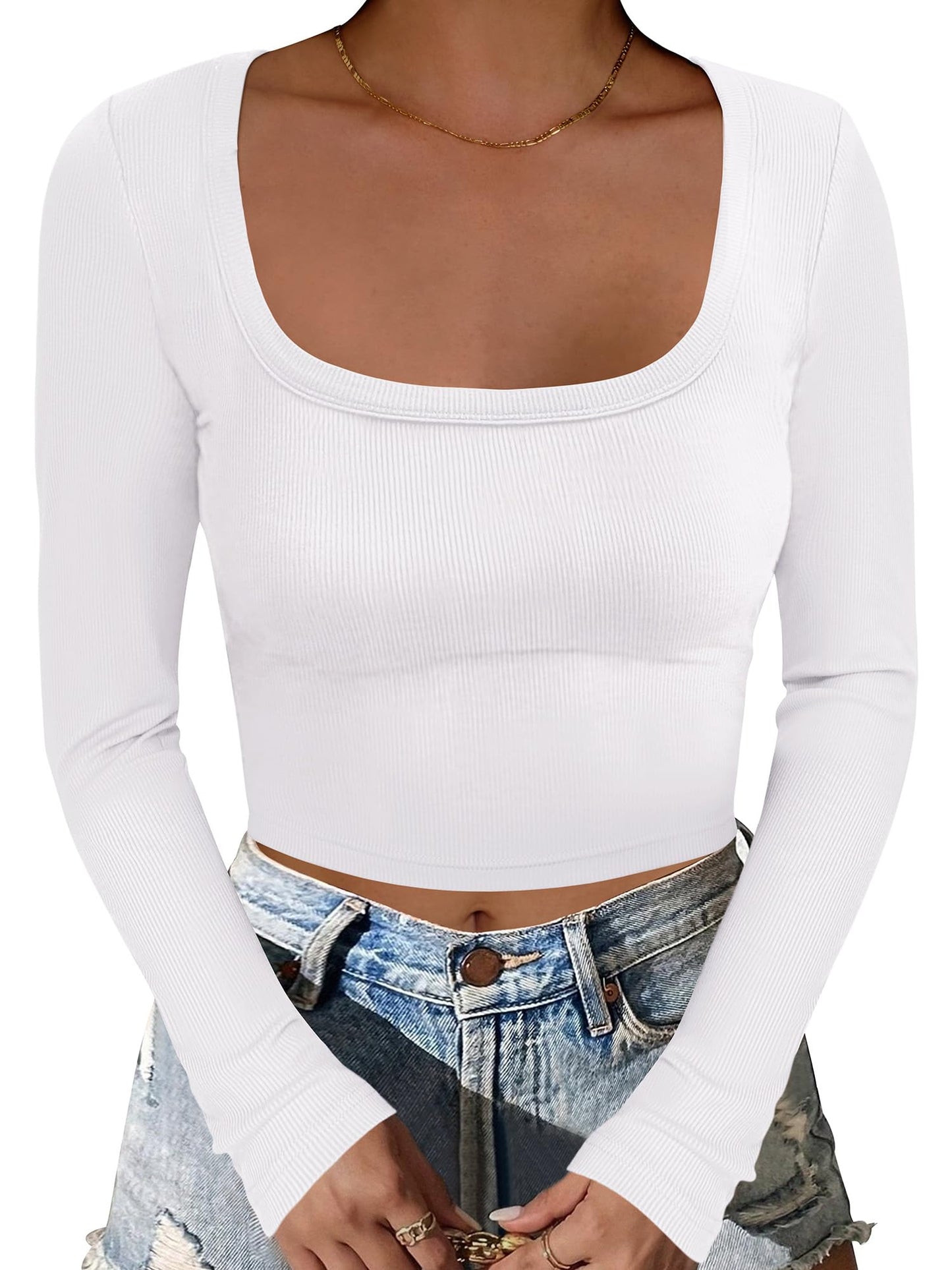 ANRABESS Women's Long Sleeve Crop Top Square Neck Ribbed Slim Fitted Shirts Casual Workout Basic Tees 2025 Fall Y2k Clothes Khaki Small