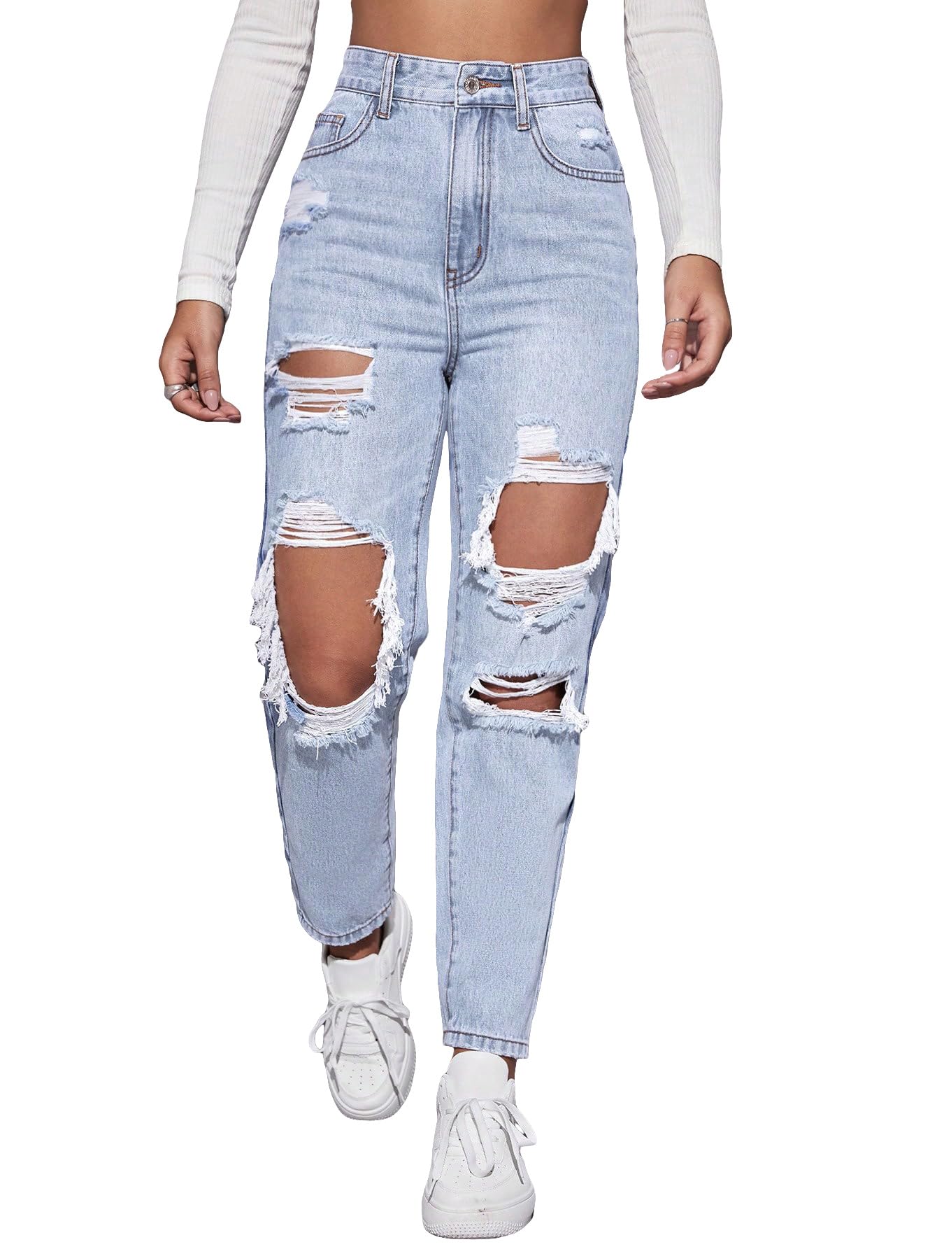 Floerns Women's High Waist Boyfriend Straight Leg Ripped Jeans Distressed Denim Pants Light Blue Large