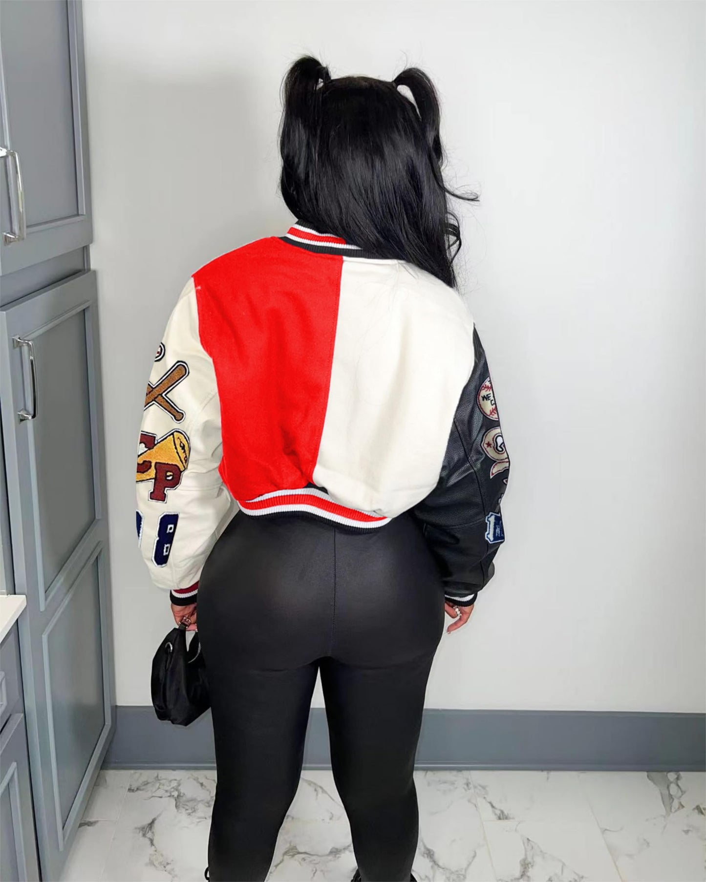 Glitrandi Varsity Jacket for Women Jacket with Patches Cropped Bomber Leather Jacket Woman Winter Spring 2025 S-XXL