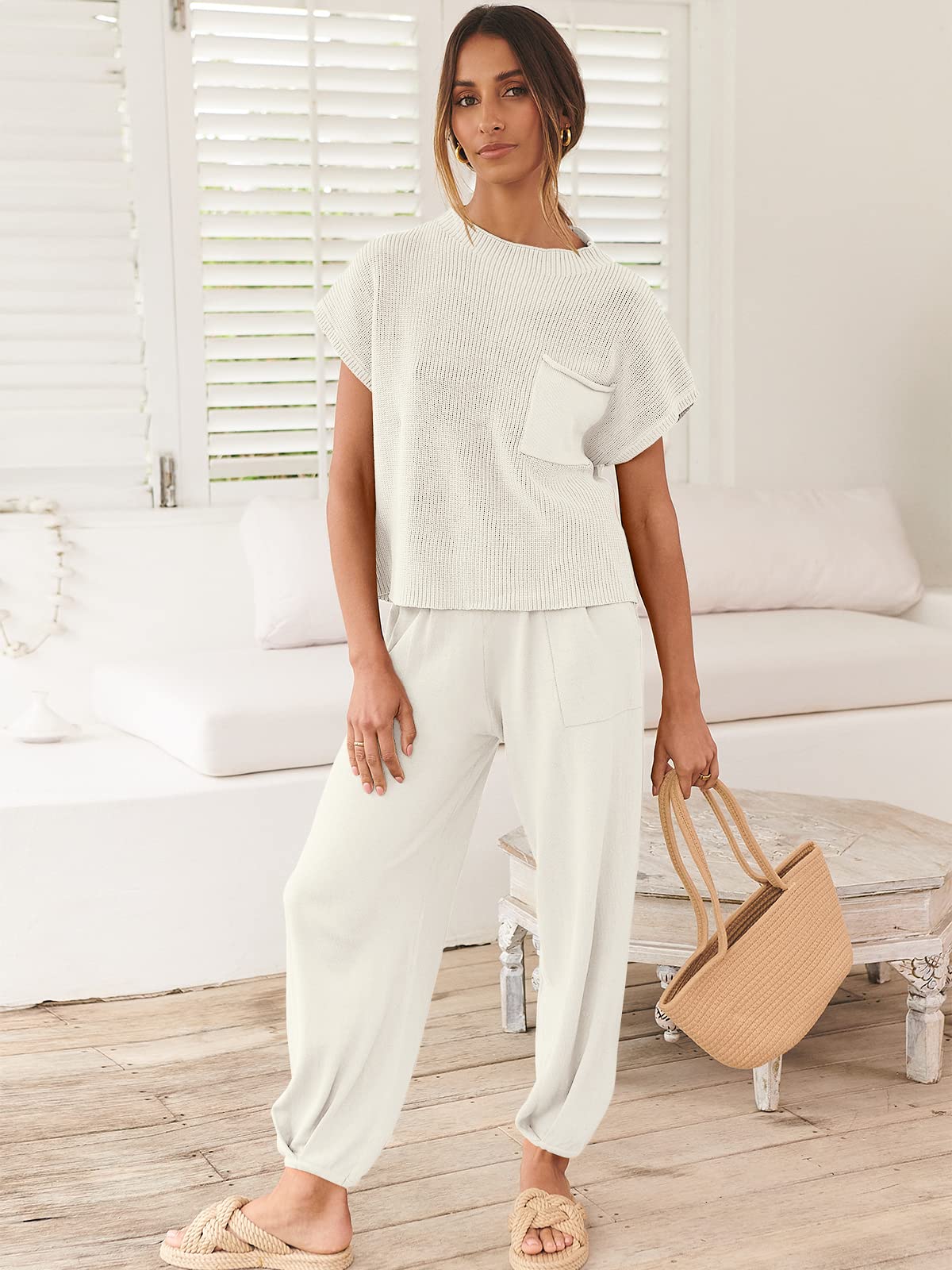 ANRABESS Women's Two Piece Outfits Knit Sweater Vest Crop Top Pants Lounge Matching Tracksuit Sweatsuit Travel Clothes Sets Pink X-Small