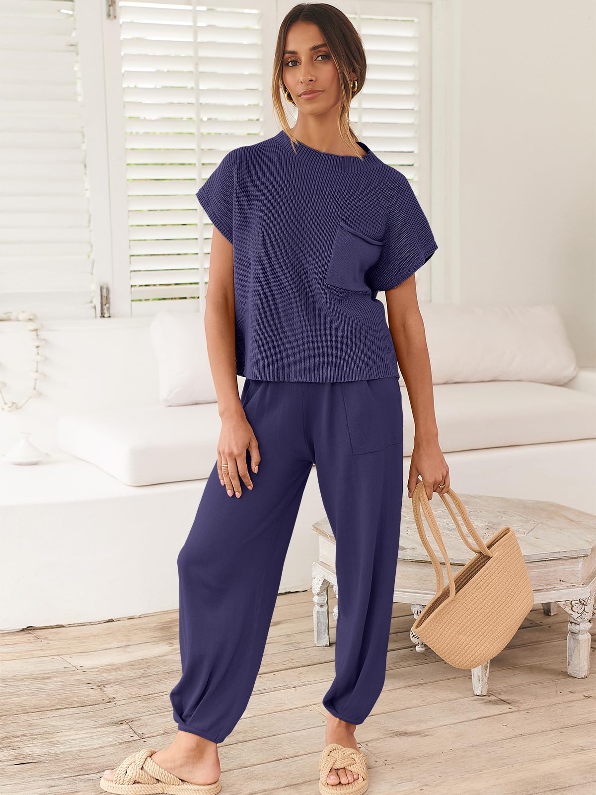 ANRABESS Women's Two Piece Outfits Knit Sweater Vest Crop Top Pants Lounge Matching Tracksuit Sweatsuit Travel Clothes Sets Pink X-Small