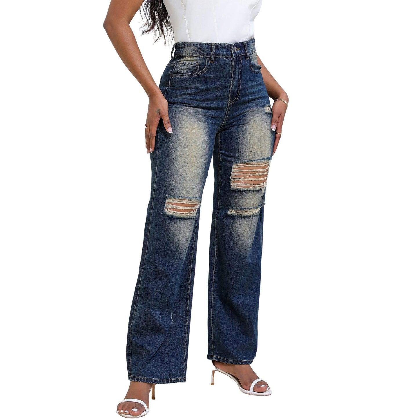 THUNDER STAR Womens High Waisted Wide Leg Jeans Stretchy Distressed Denim Pants Light Blue XXL
