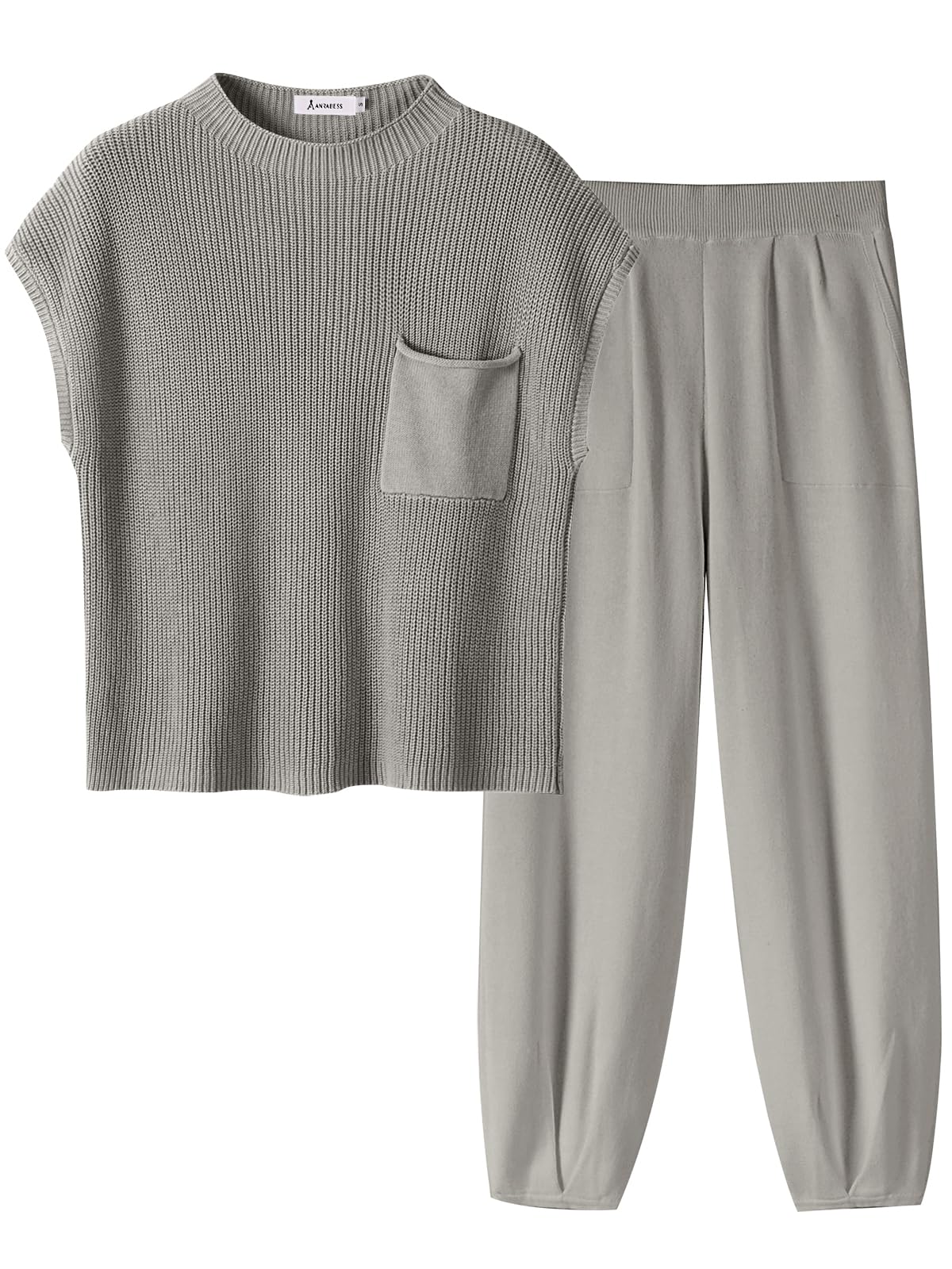 ANRABESS Women's Two Piece Outfits Knit Sweater Vest Crop Top Pants Lounge Matching Tracksuit Sweatsuit Travel Clothes Sets Pink X-Small