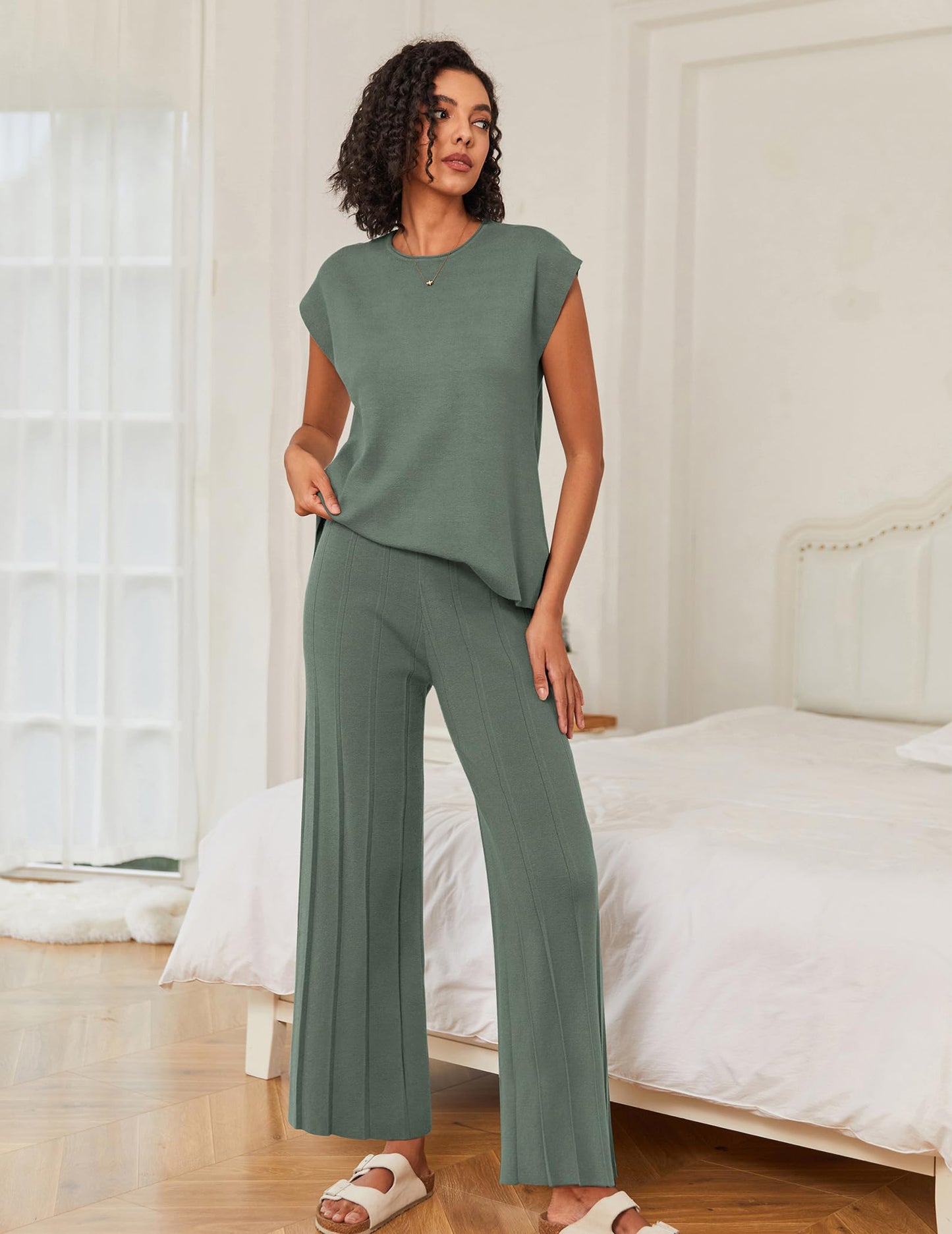 Ekouaer Lounge Sets for Women Two Piece Outfits Knit Cap Sleeve Tops Wide Leg Pleated Pants Casual Dressy Sweater Sets Beige