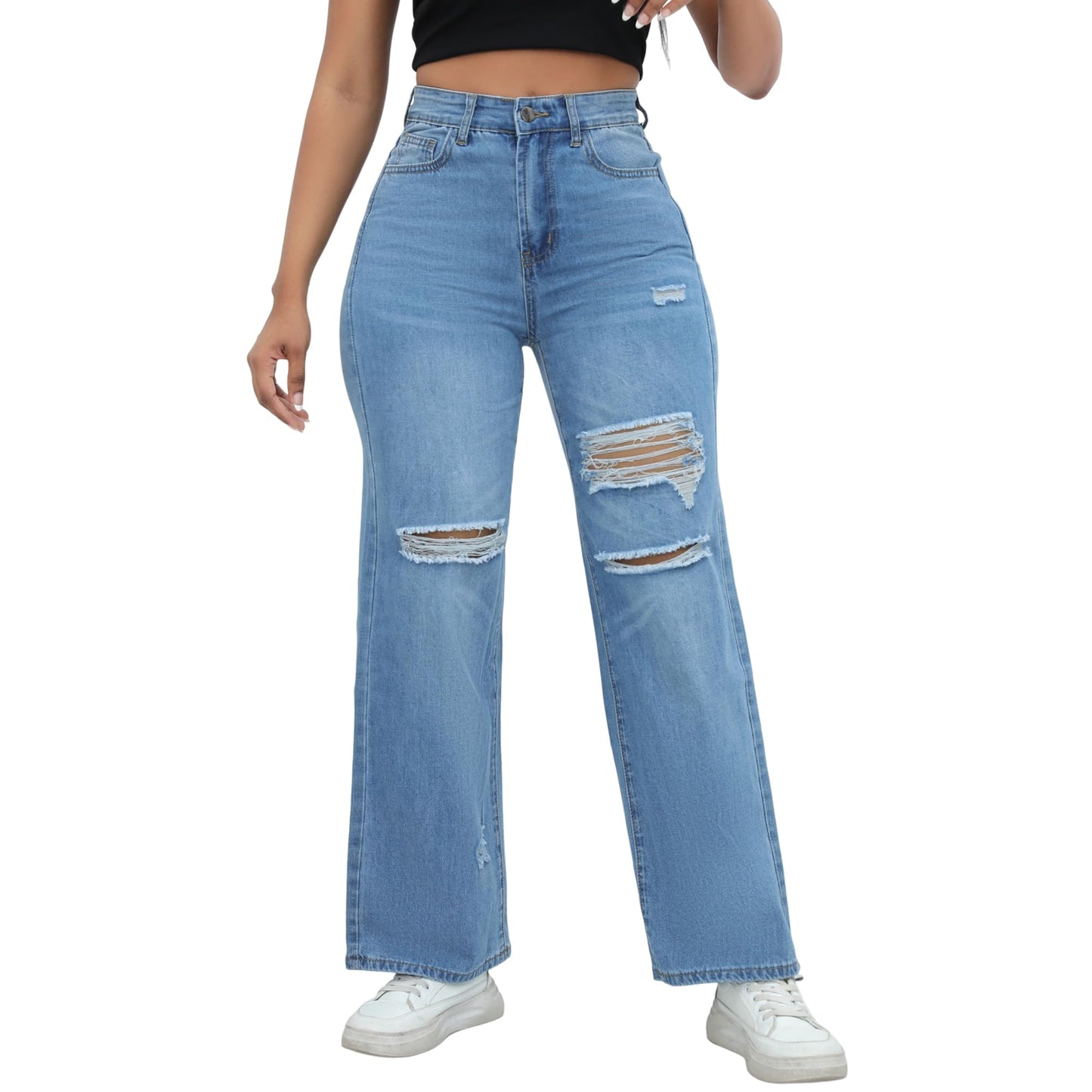 THUNDER STAR Womens High Waisted Wide Leg Jeans Stretchy Distressed Denim Pants Light Blue XXL