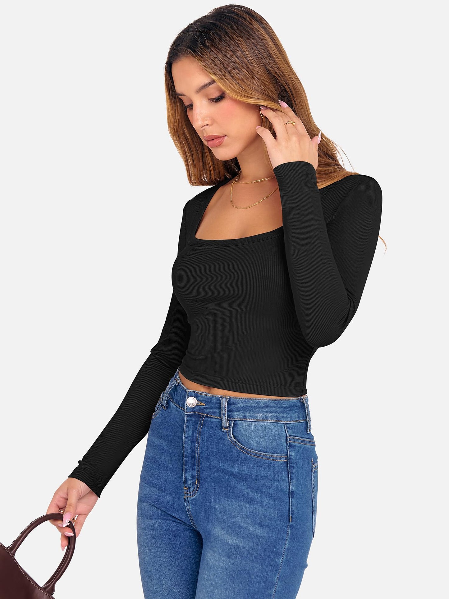 ANRABESS Women's Long Sleeve Crop Top Square Neck Ribbed Slim Fitted Shirts Casual Workout Basic Tees 2025 Fall Y2k Clothes Khaki Small