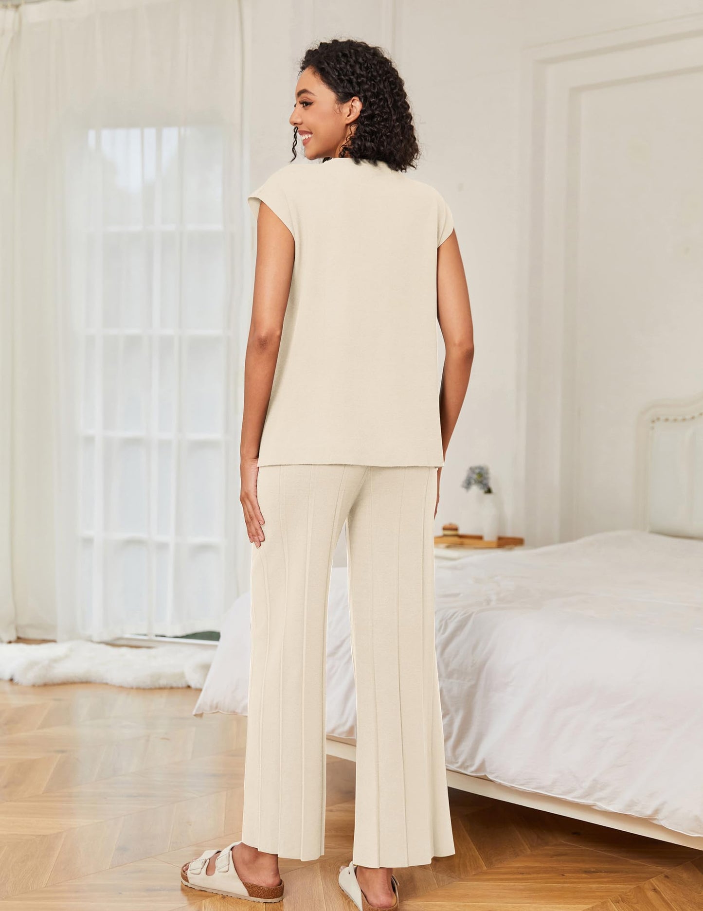 Ekouaer Lounge Sets for Women Two Piece Outfits Knit Cap Sleeve Tops Wide Leg Pleated Pants Casual Dressy Sweater Sets Beige