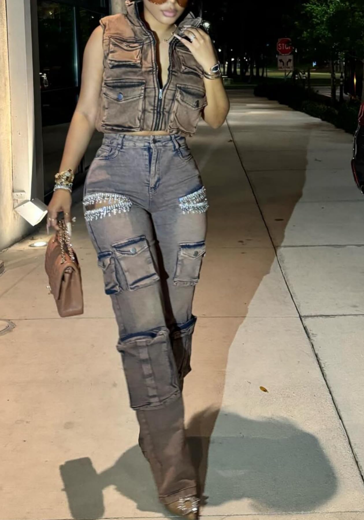 Unybwonn Sexy Pearl Sparkly Jeans for Women Cutout Bedazzled Elastic Baggy Cargo Denim Pants with Flap Pockets Blue