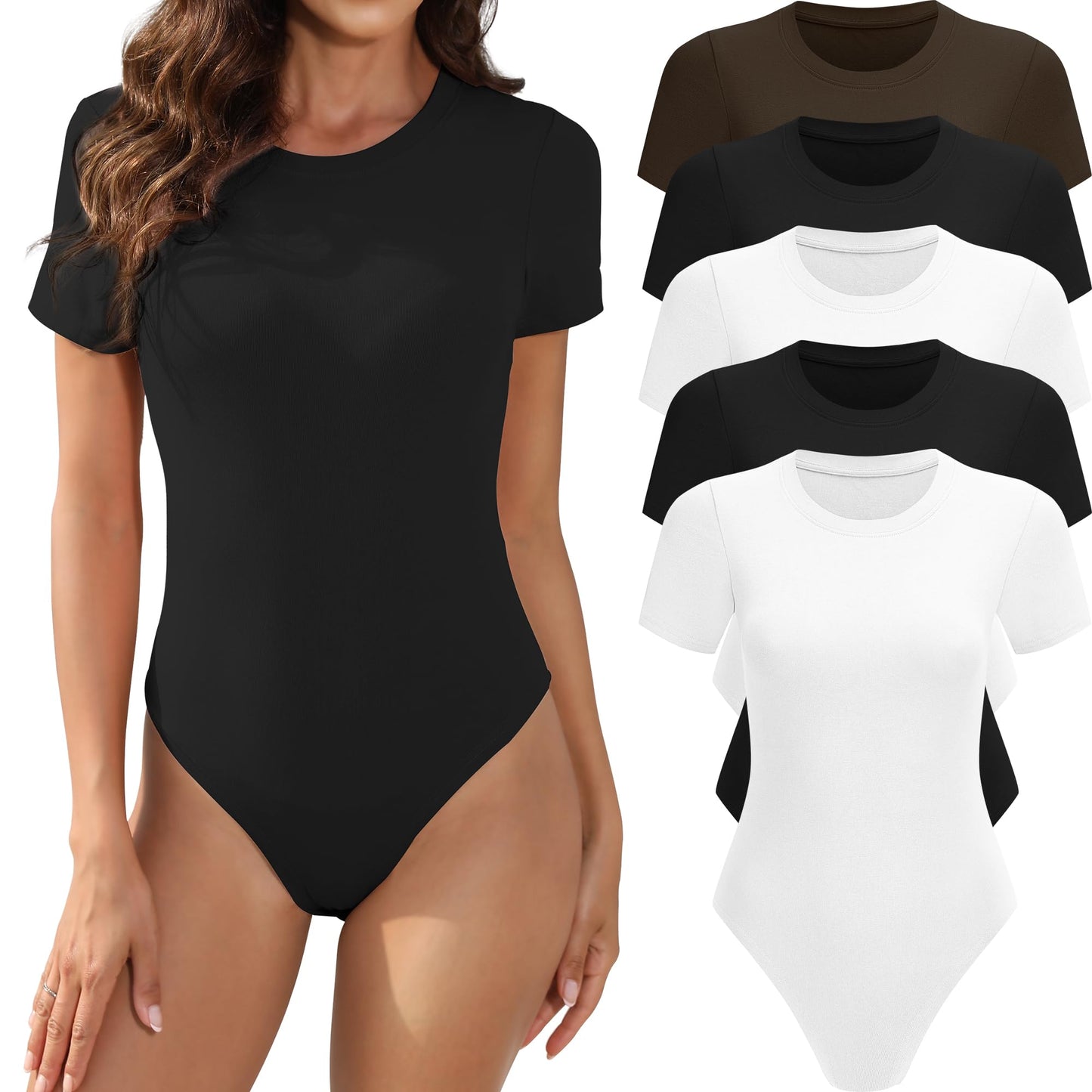 MLYENX 5 Pack Body Suits for Womens Short Sleeve Round Neck Casual Stretchy Basic T Shirt Bodysuit Tops
