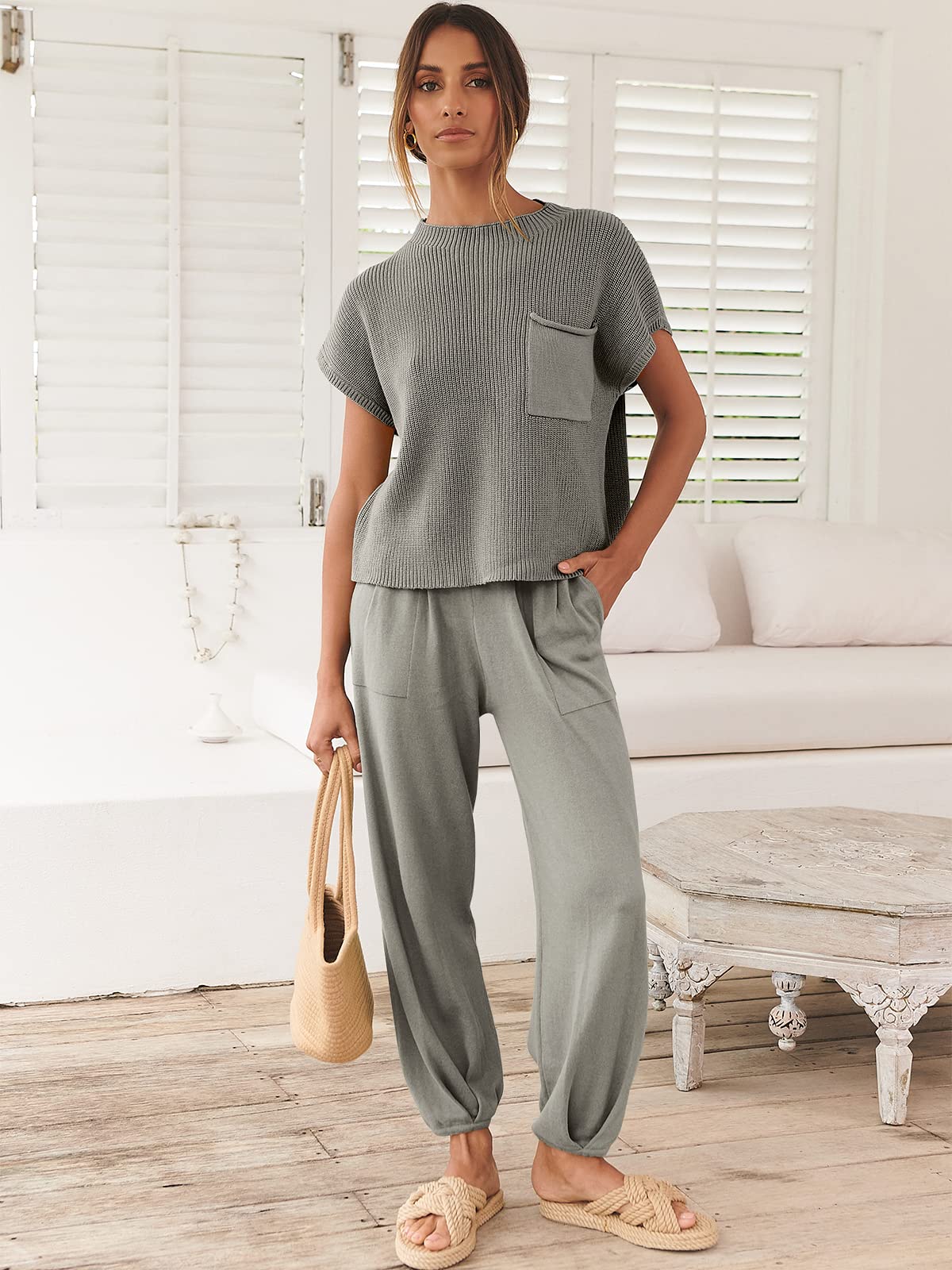 ANRABESS Women's Two Piece Outfits Knit Sweater Vest Crop Top Pants Lounge Matching Tracksuit Sweatsuit Travel Clothes Sets Pink X-Small
