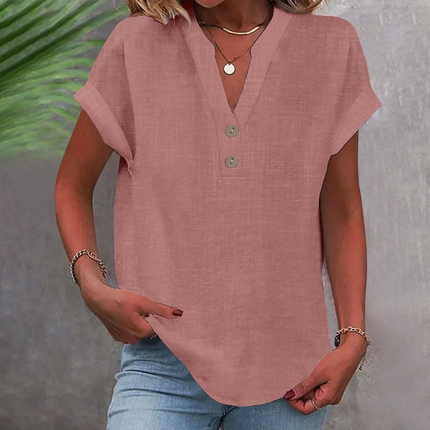 Big Spring Deals Summer Tops for Women 2025 Trendy Short Sleeve Cotton Linen Shirt Casual Button v Neck Tunic Blouses Outfits White Travel Shirts for Women M