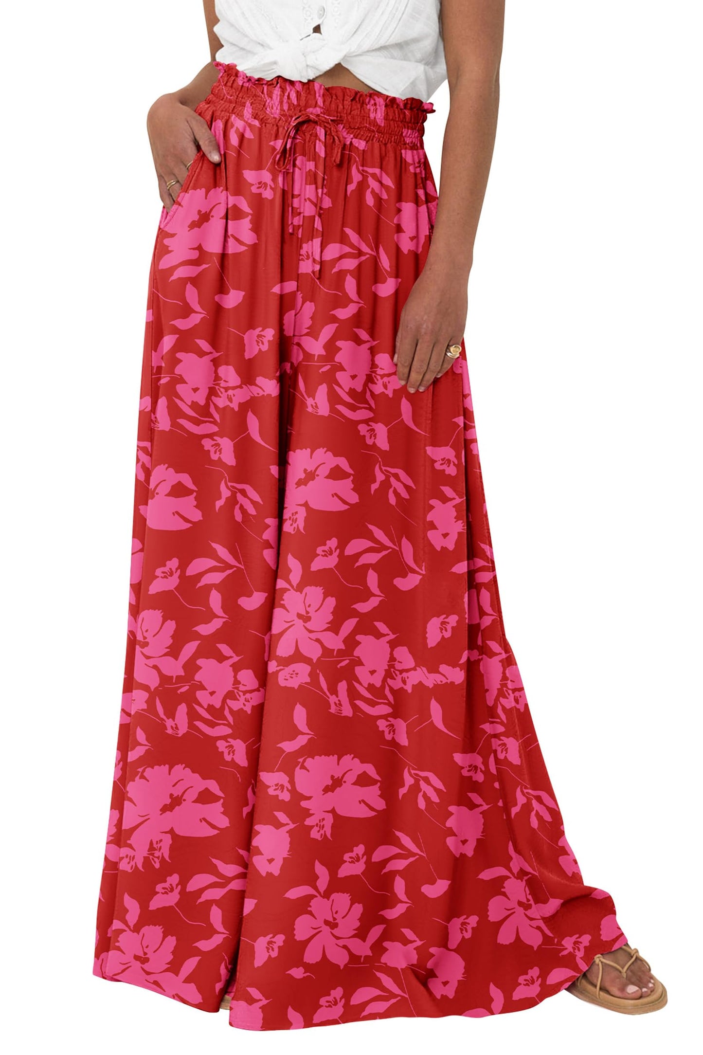 PRETTYGARDEN Women's 2025 Summer Wide Leg Palazzo Pants High Waisted Flowy Pockets Trendy Casual Lounge Boho Beach Trousers (Print Black,Small)