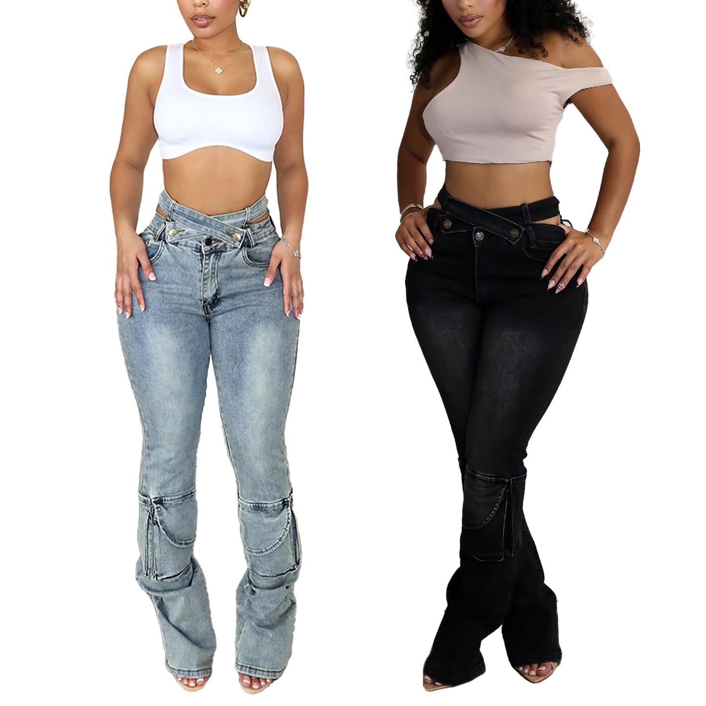 Vakkest Sexy High Waisted Skinny Jeans for Women Bodycon Crossover Stretchy Denim Cargo Pants Streetwear with Pockets