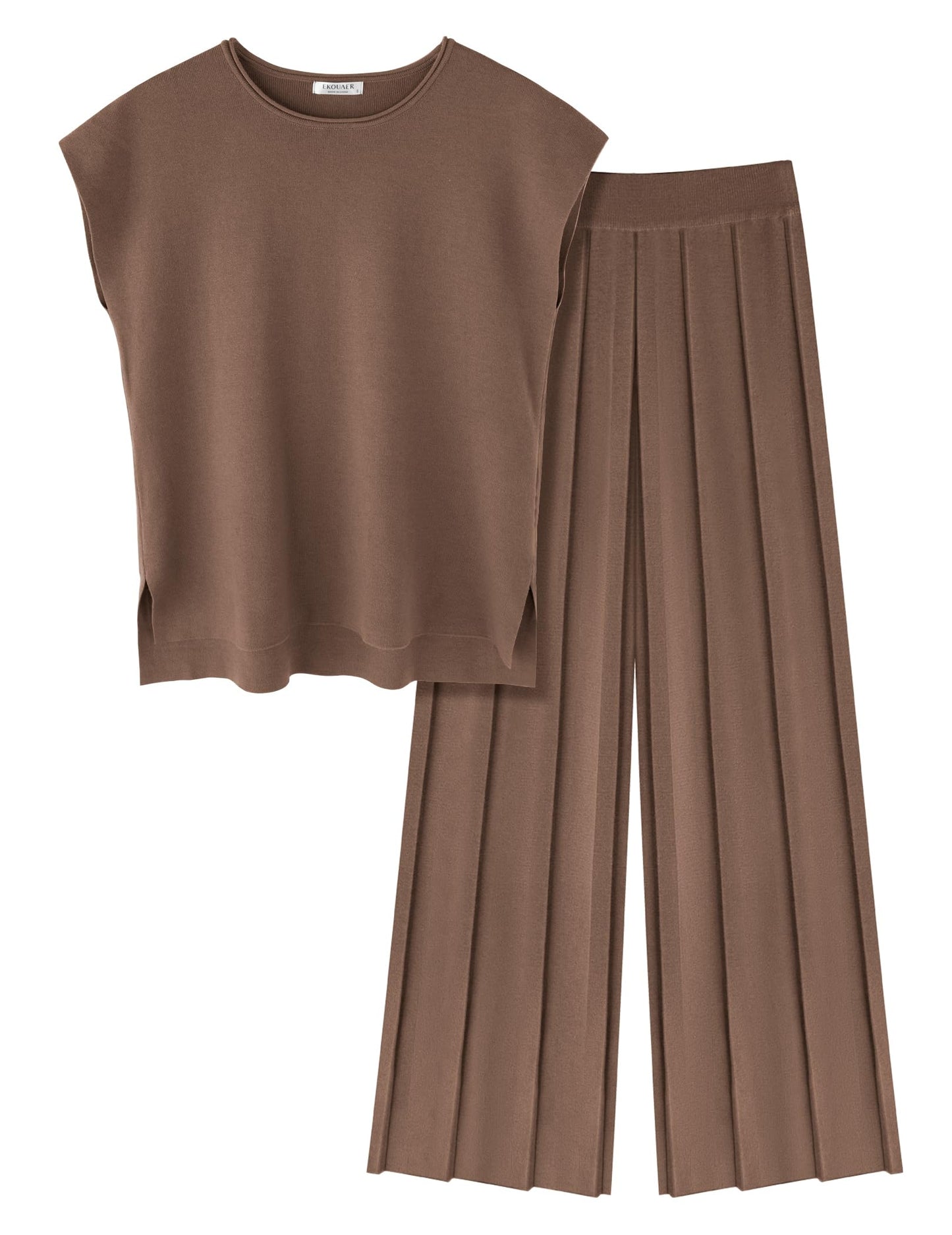Ekouaer Lounge Sets for Women Two Piece Outfits Knit Cap Sleeve Tops Wide Leg Pleated Pants Casual Dressy Sweater Sets Beige