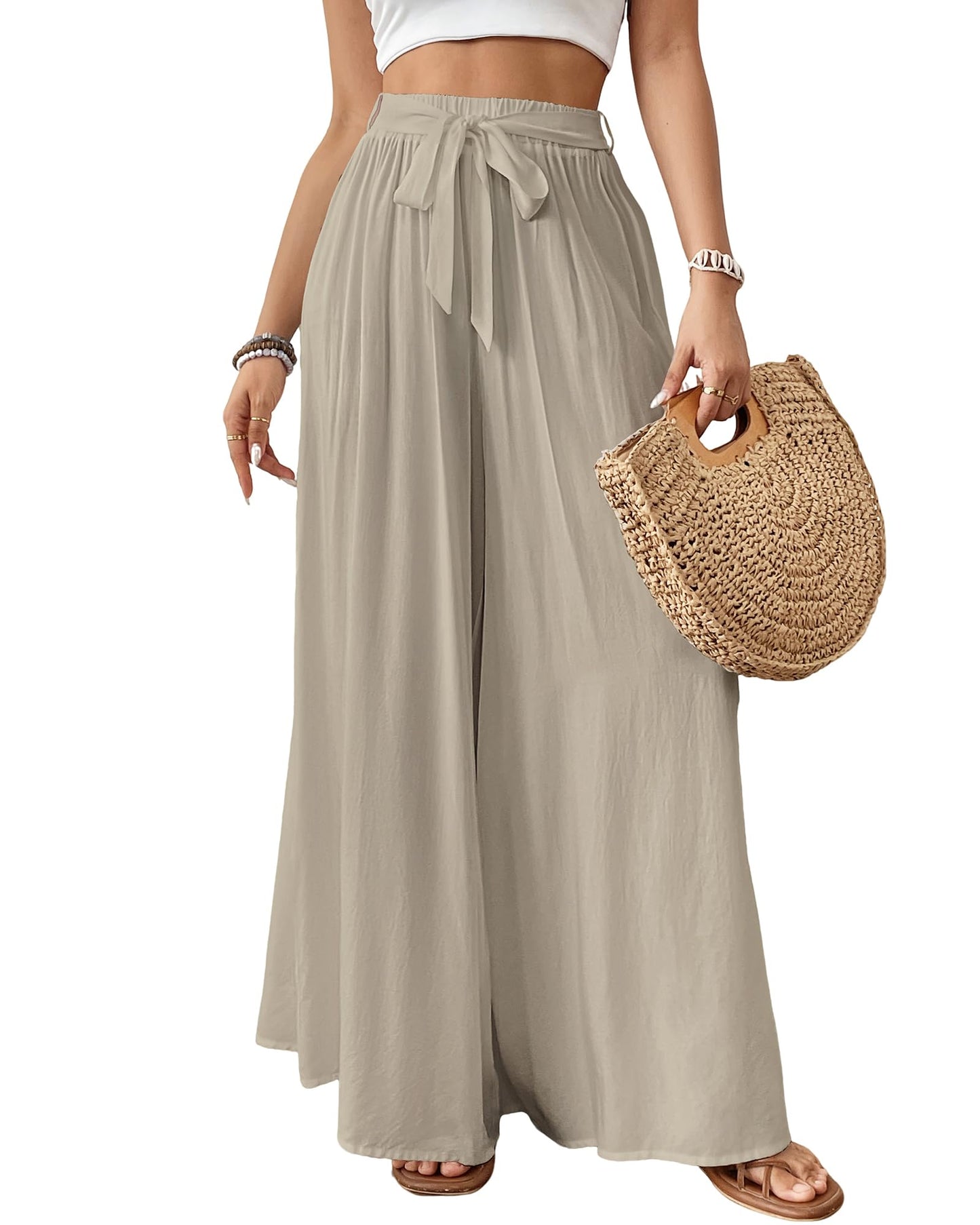 Bsubseach Wide Leg Pants Woman Flowy Floral Palazzo Pants for Women High Waisted Summer Casual Trousers Cruise Outfits Dark Green XS