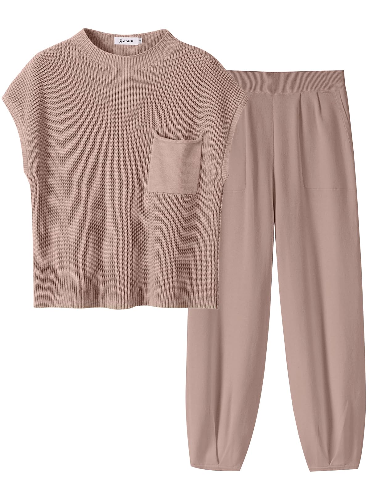 ANRABESS Women's Two Piece Outfits Knit Sweater Vest Crop Top Pants Lounge Matching Tracksuit Sweatsuit Travel Clothes Sets Pink X-Small