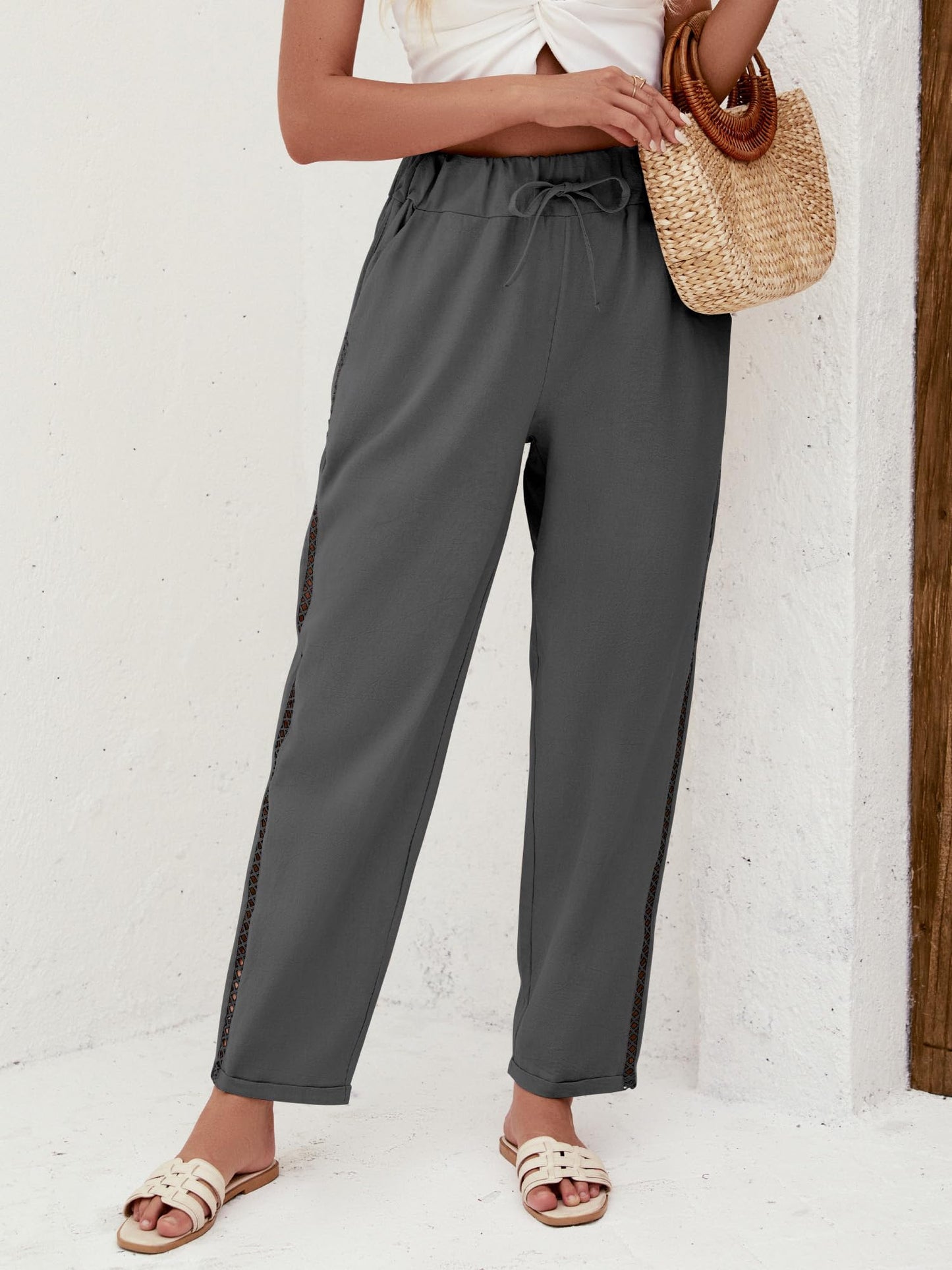Puimentiua Women's Linen Capri Pants with Drawstring Petite Summer Beachwear Lightweight Elastic Waist Pants, Light Khaki, L