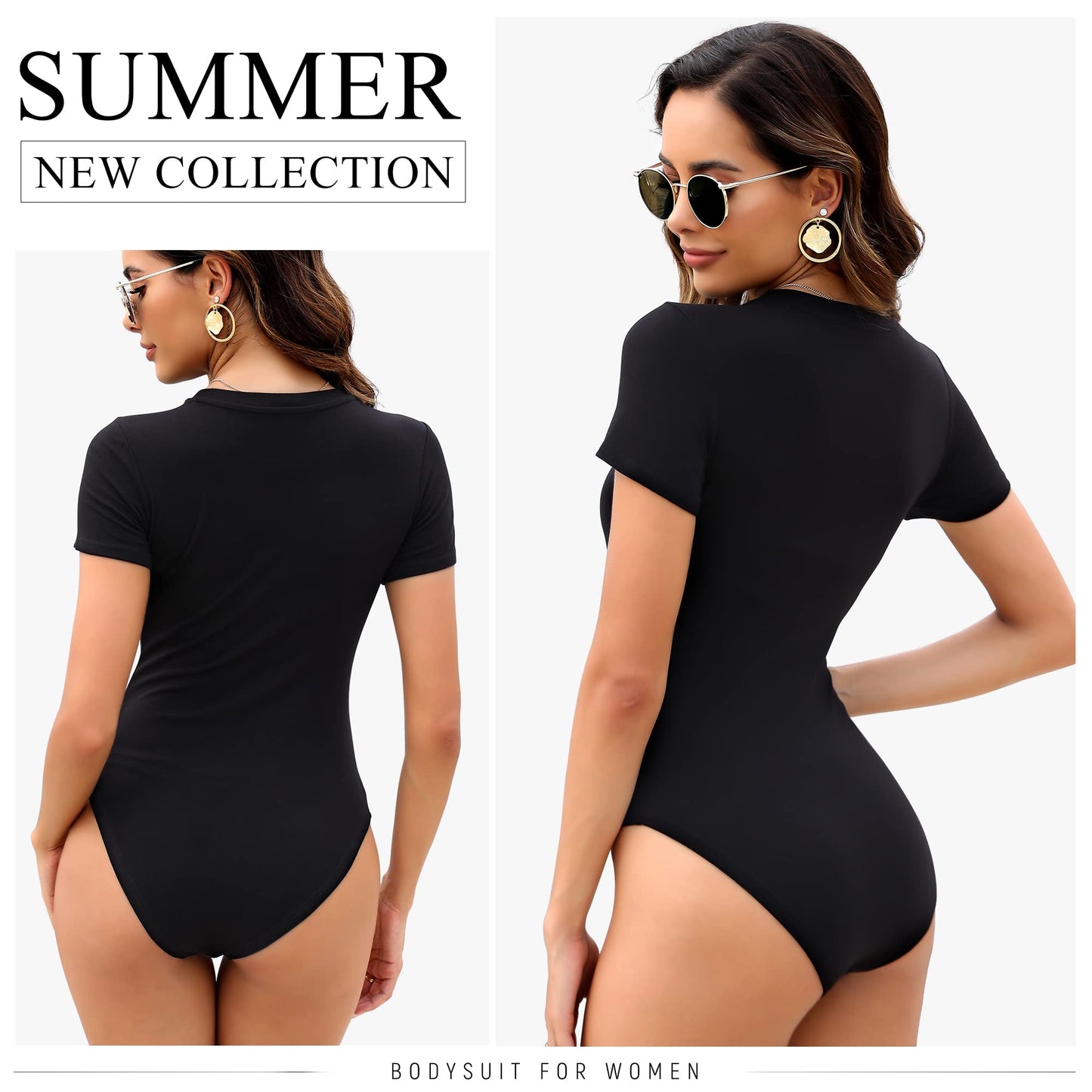 MLYENX 5 Pack Body Suits for Womens Short Sleeve Round Neck Casual Stretchy Basic T Shirt Bodysuit Tops