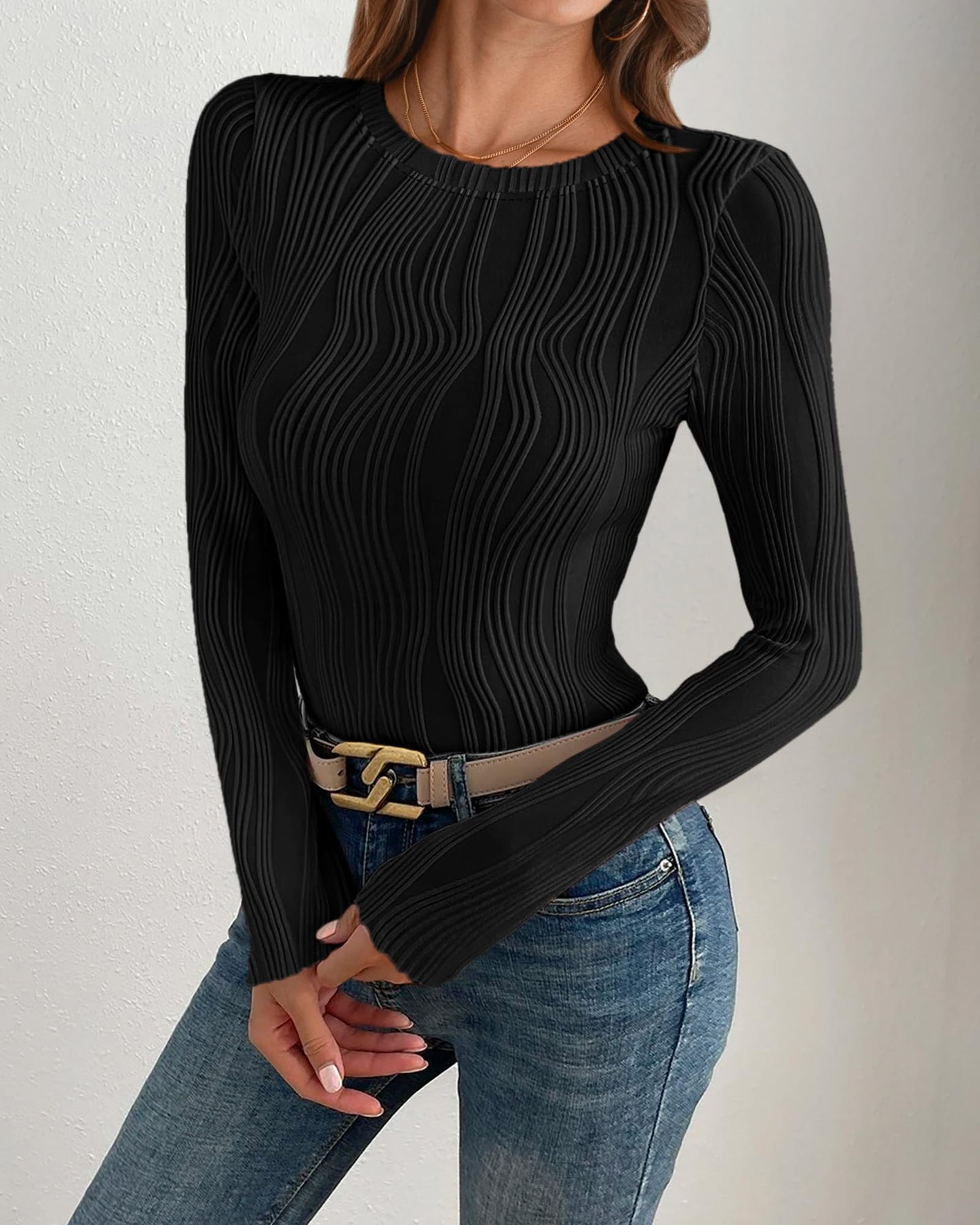 PRETTYGARDEN Women's Tops 2025 Spring Fashion Long Sleeve Crewneck Blouses Slim Fit Shirts Textured Knit Basic T Shirts(Khaki,Large)