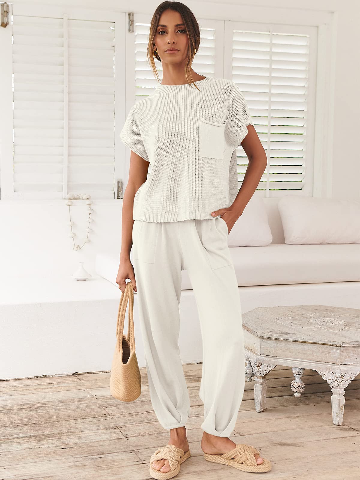 ANRABESS Women's Two Piece Outfits Knit Sweater Vest Crop Top Pants Lounge Matching Tracksuit Sweatsuit Travel Clothes Sets Pink X-Small