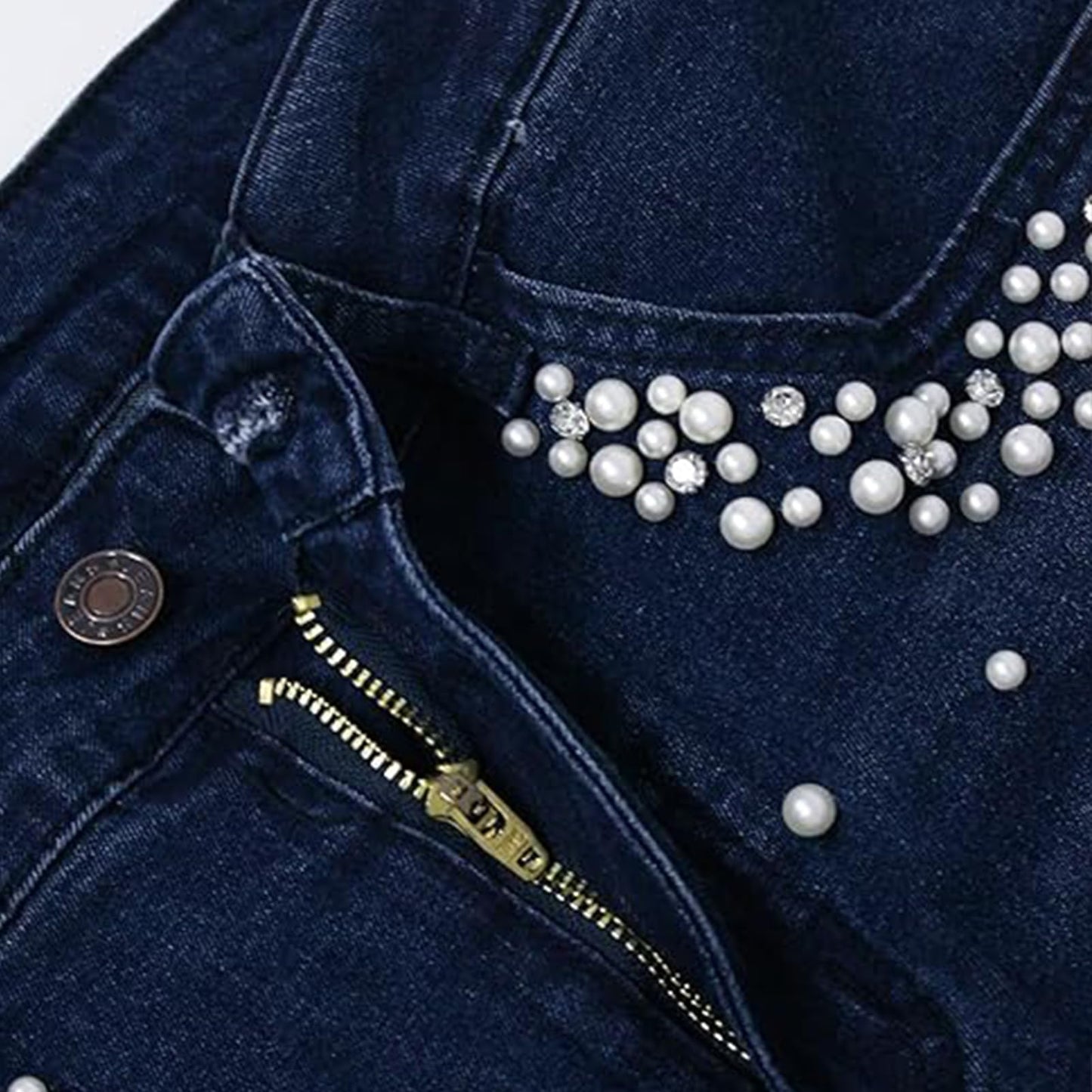 Cyparel Women's Rhinestone Jeans High Waist Pearls Beaded Fringe Tassels Frayed Butt Lifting Stretch Skinny Denim Pants Light Blue