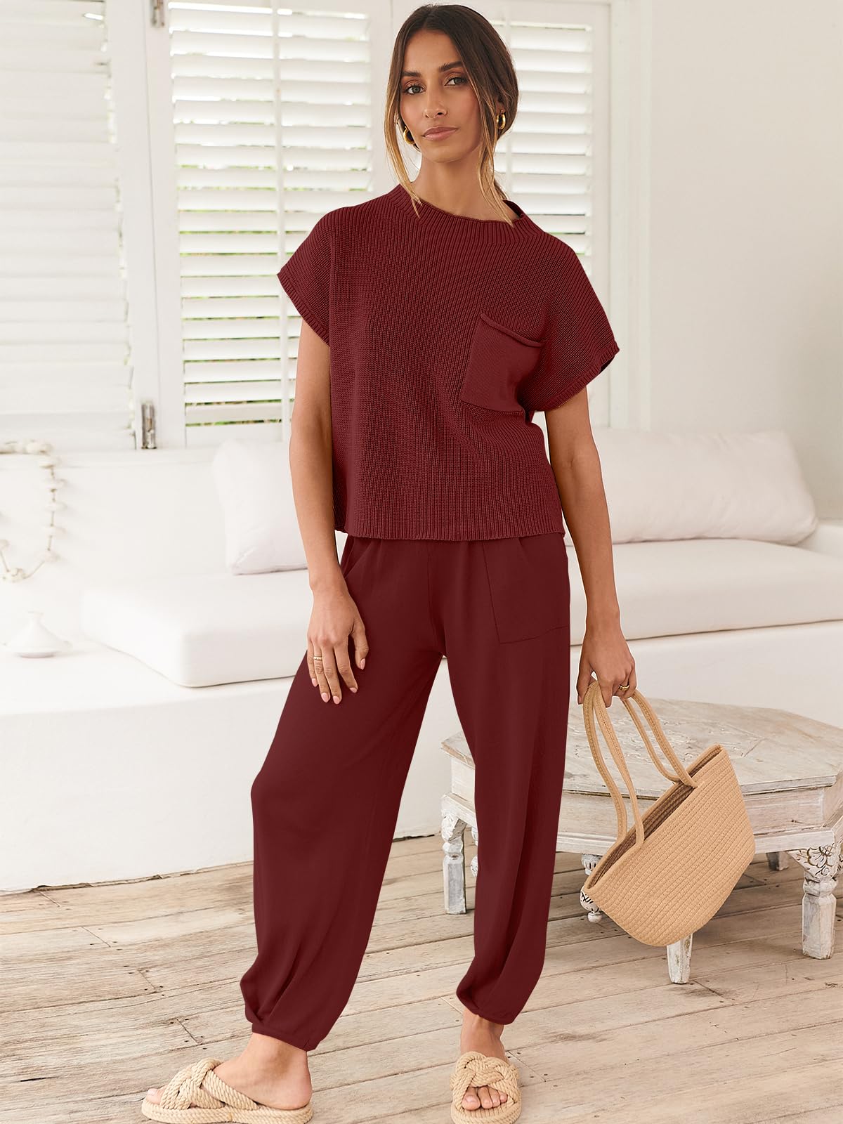 ANRABESS Women's Two Piece Outfits Knit Sweater Vest Crop Top Pants Lounge Matching Tracksuit Sweatsuit Travel Clothes Sets Pink X-Small