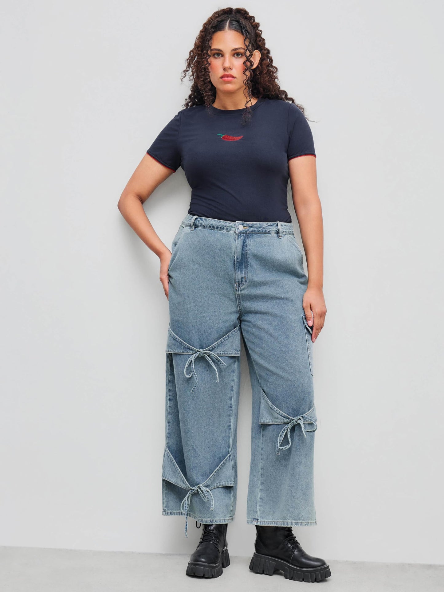 CIDER Baggy Jeans for Women Low Waisted Wide Straight Leg Bow Jeans Denim Pants Beige