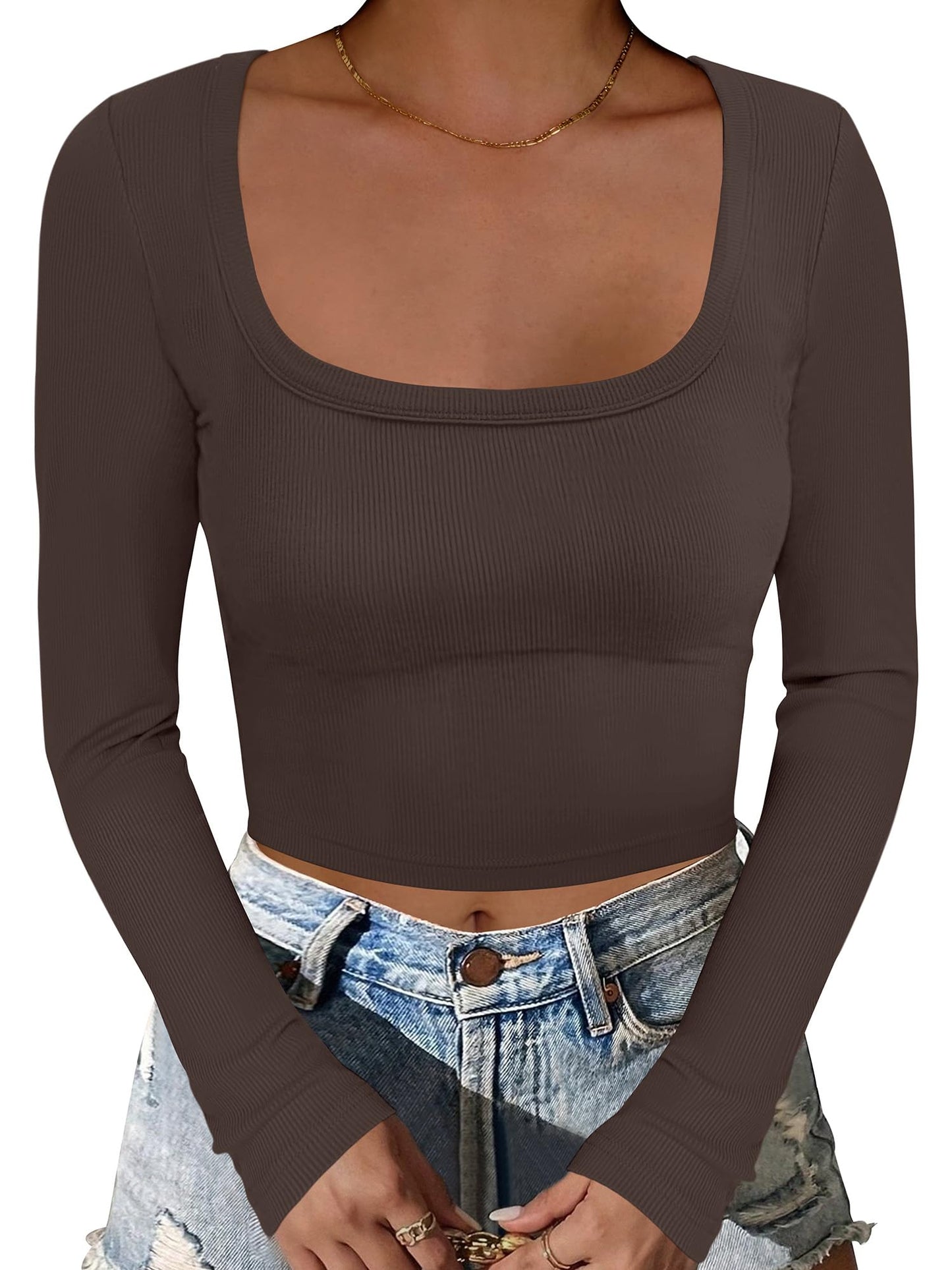 ANRABESS Women's Long Sleeve Crop Top Square Neck Ribbed Slim Fitted Shirts Casual Workout Basic Tees 2025 Fall Y2k Clothes Khaki Small