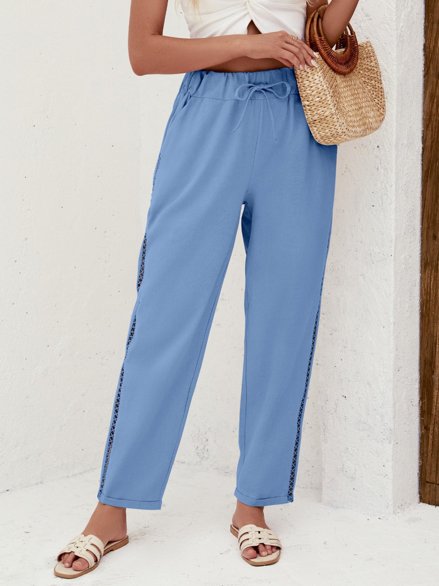Puimentiua Women's Linen Capri Pants with Drawstring Petite Summer Beachwear Lightweight Elastic Waist Pants, Light Khaki, L