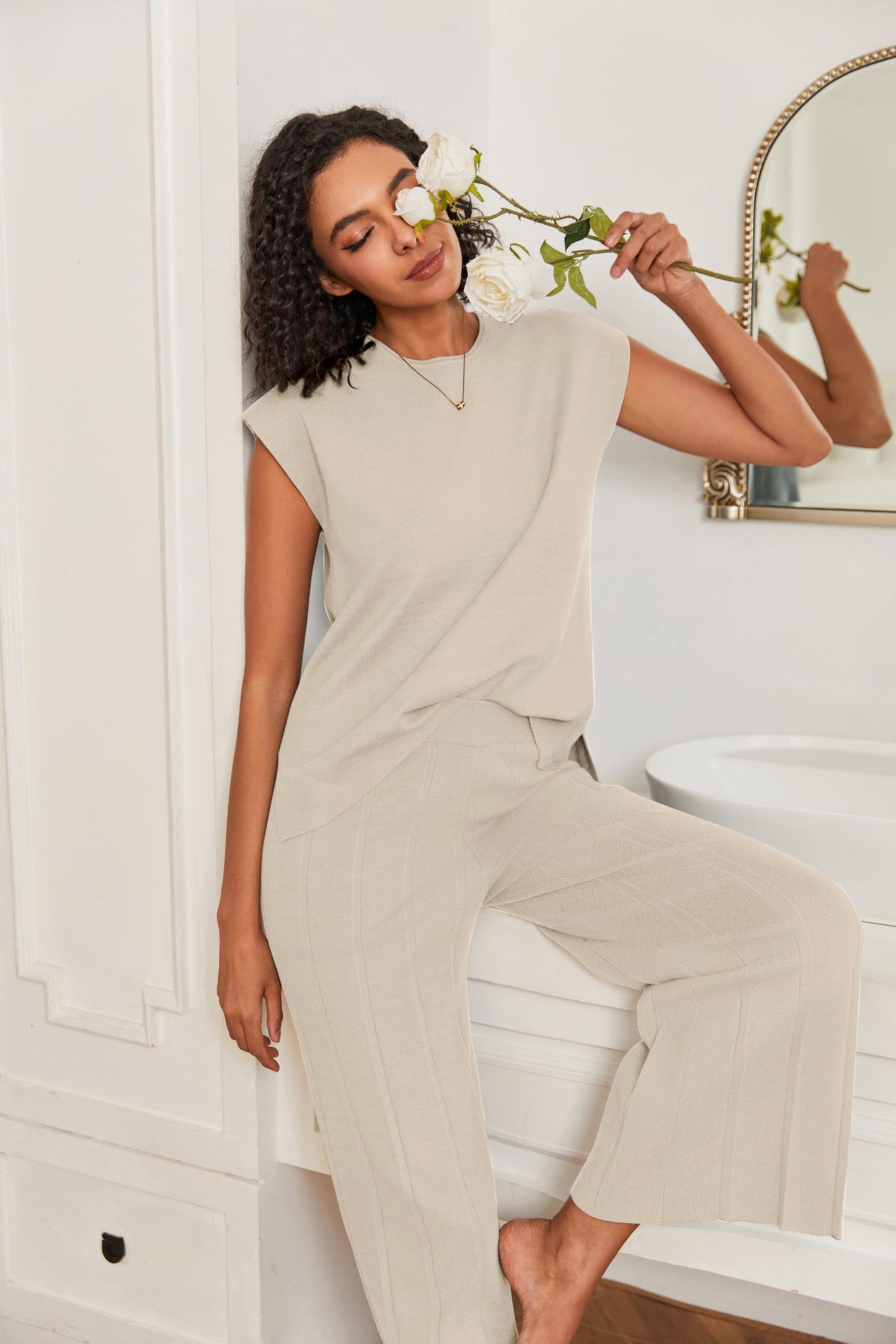 Ekouaer Lounge Sets for Women Two Piece Outfits Knit Cap Sleeve Tops Wide Leg Pleated Pants Casual Dressy Sweater Sets Beige