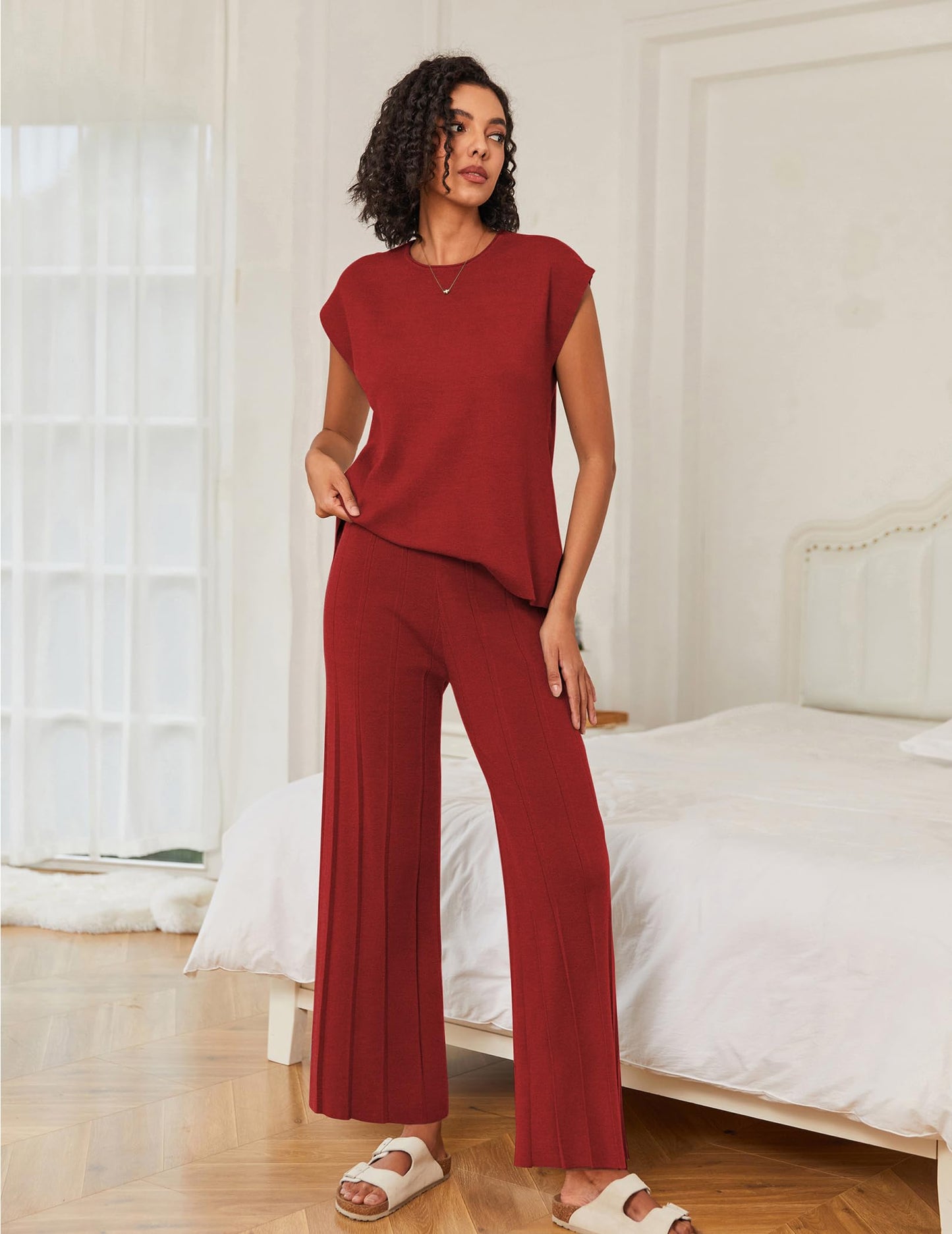 Ekouaer Lounge Sets for Women Two Piece Outfits Knit Cap Sleeve Tops Wide Leg Pleated Pants Casual Dressy Sweater Sets Beige