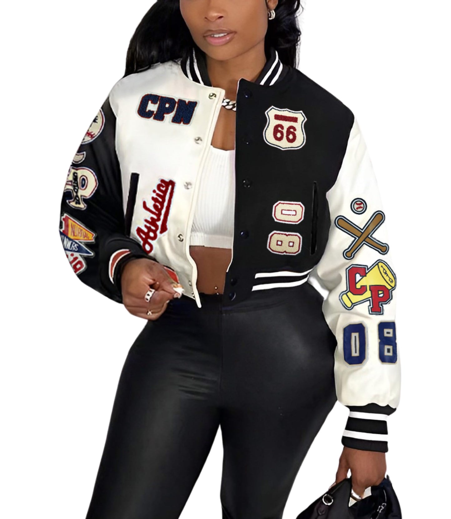 Glitrandi Varsity Jacket for Women Jacket with Patches Cropped Bomber Leather Jacket Woman Winter Spring 2025 S-XXL