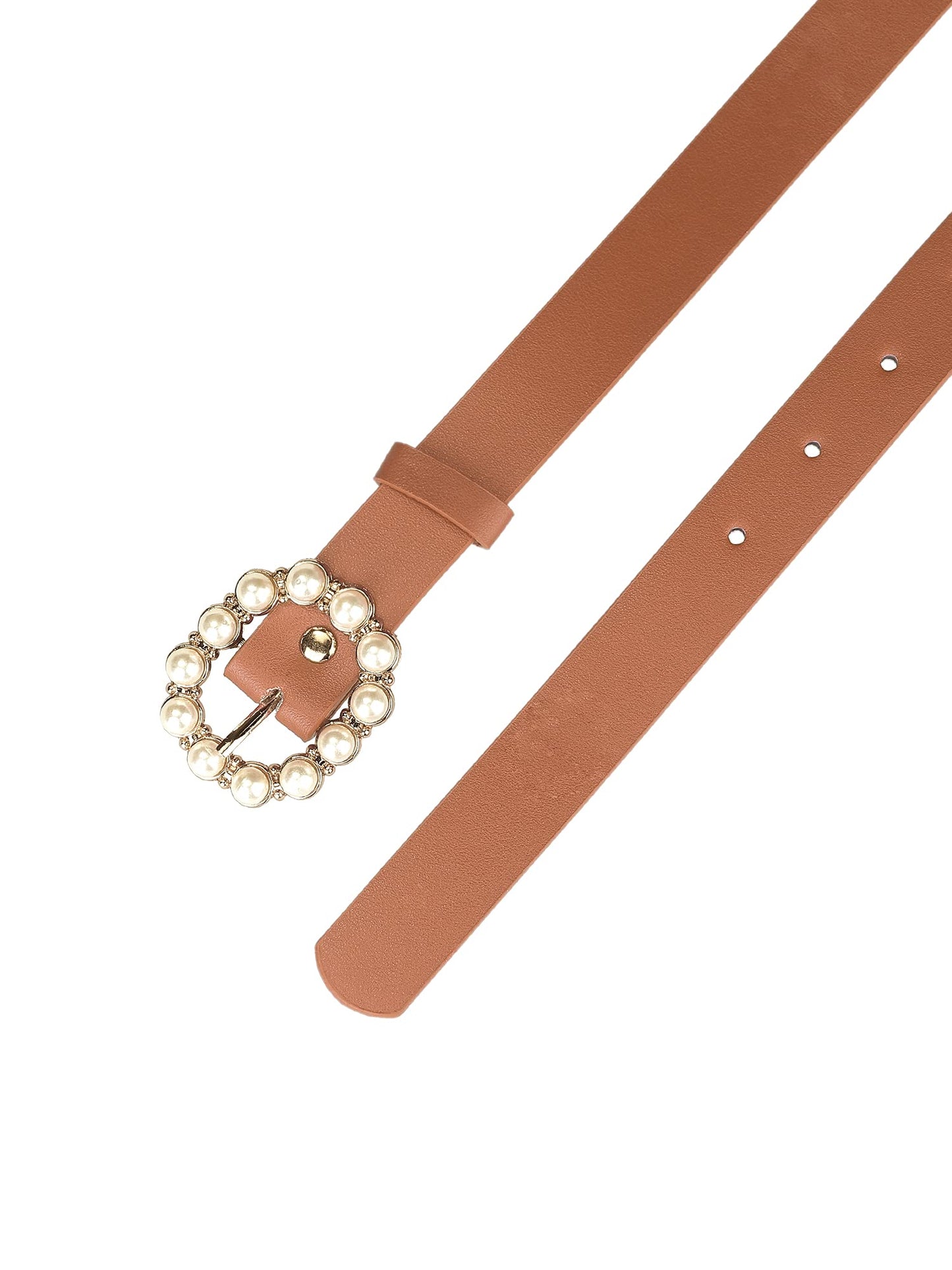 Allegra K Womens Pearl Waistband Skinny Leather Adjustable Pin Buckle Belt for Jeans Dresses Pants 75-90cm/29.53"-35.43" Black