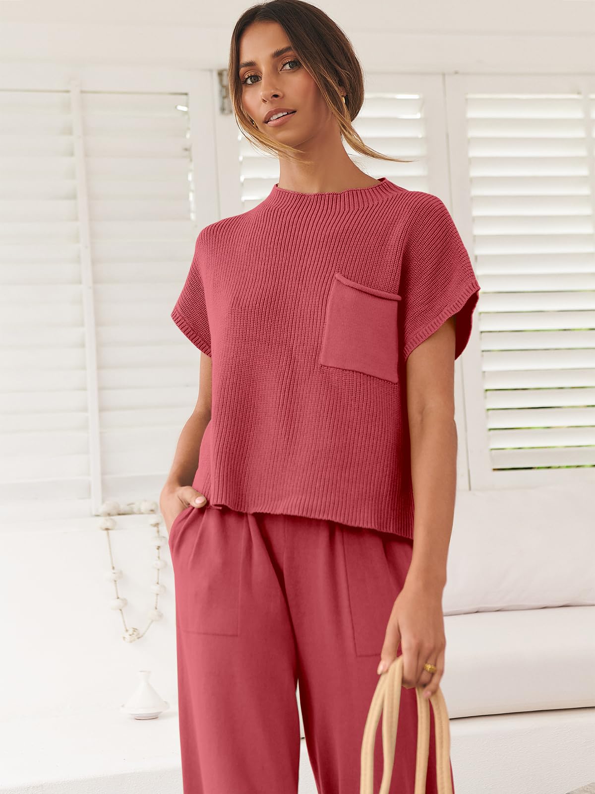 ANRABESS Women's Two Piece Outfits Knit Sweater Vest Crop Top Pants Lounge Matching Tracksuit Sweatsuit Travel Clothes Sets Pink X-Small